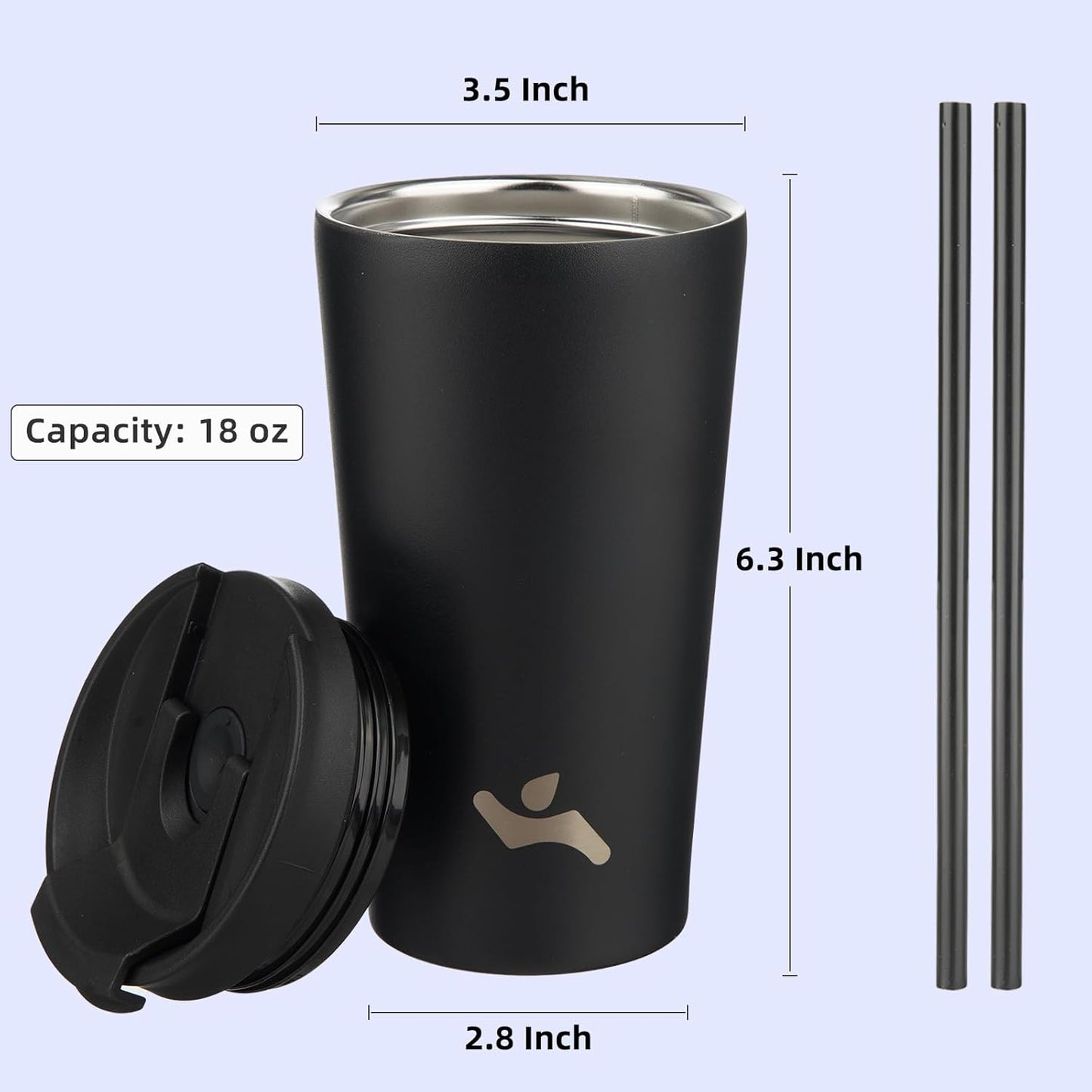 18 OZ Insulated Tumbler with Lid and 2 Straws Stainless Steel Water Bottle Vacuum Travel Mug Coffee Cup,Black