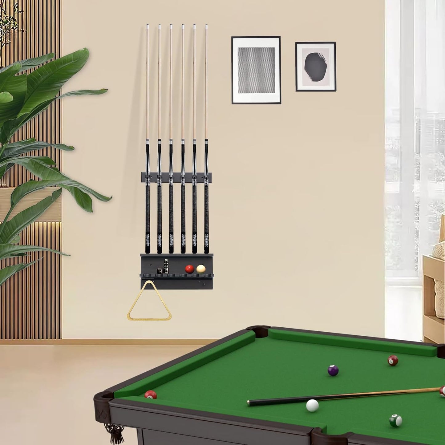 Pool Cue Holder Wall Mounted Pool Stick Holder Pool Table Accessories Pool Cue Rack for 6 Cues Stick Storage Billiards Set Wood