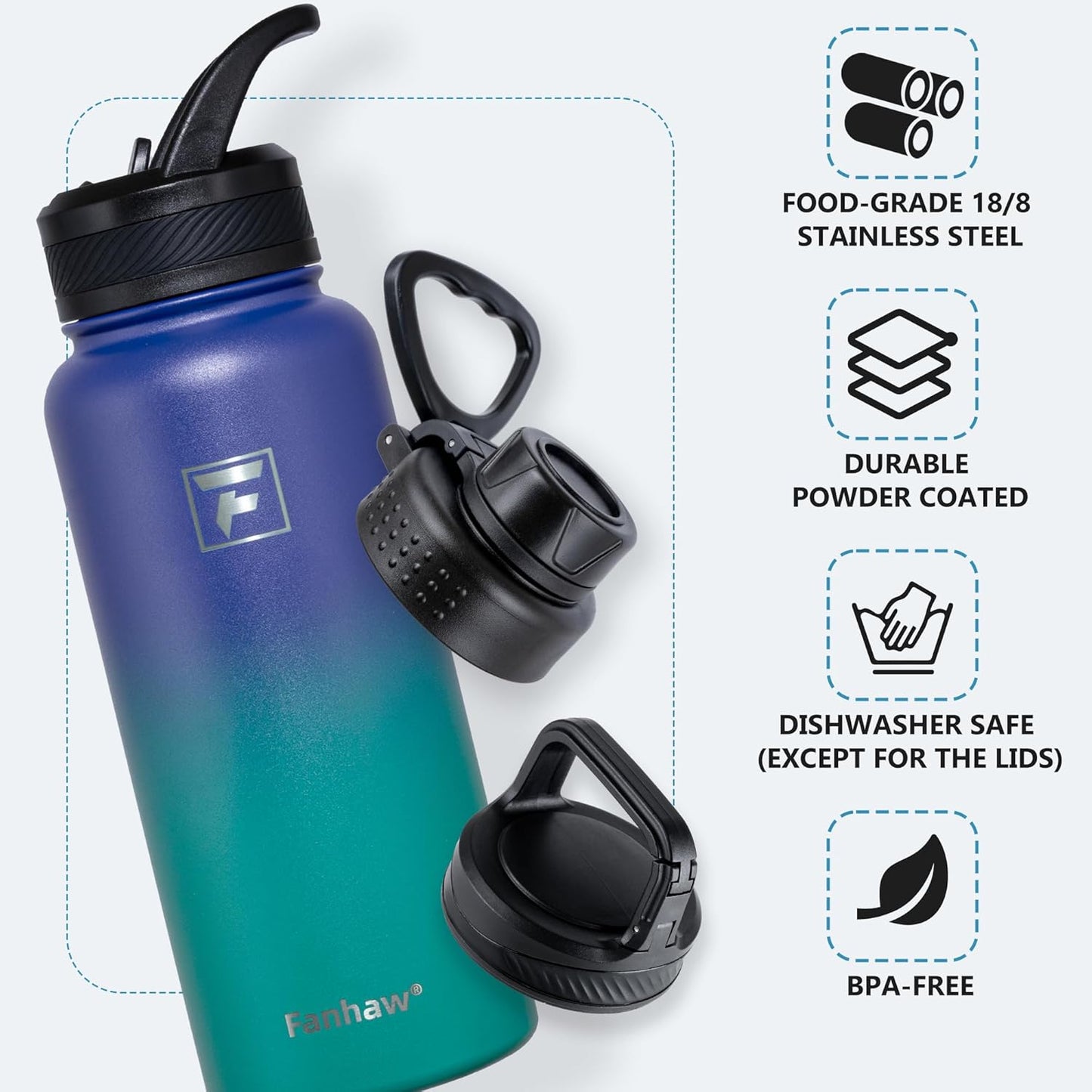 32 Oz Insulated Water Bottle – Portable Stainless Steel Flask with 3 Lids (Straw, Spout, Carabiner) | Leakproof, for Gym, Hiking, Work, Travel & Everyday Use (Purple Green)