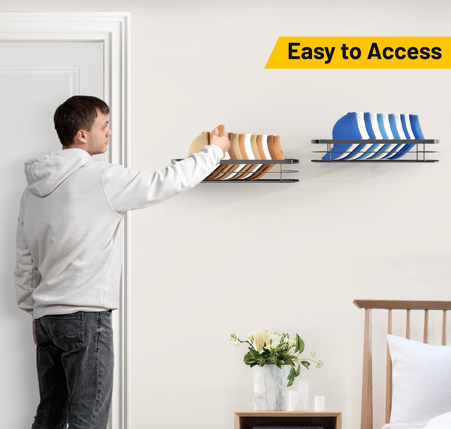 Metal Hat Rack for Wall, Hat Organizer for Baseball Caps Holds 22 Pcs Wall Mounted Snapback Storage Organizer Fits All Caps Shelves Holder Display, 2 Packs, Black