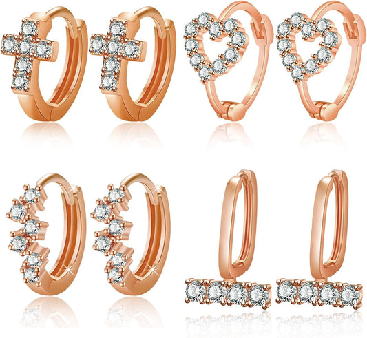 4Pairs Stud Hoop Earrings Set for Women Dainty Gold Earrings 14K Gold Plated Hypoallergenic Lightweight Huggie Hoops Earrings Cubic Zirconia Earrings for Women