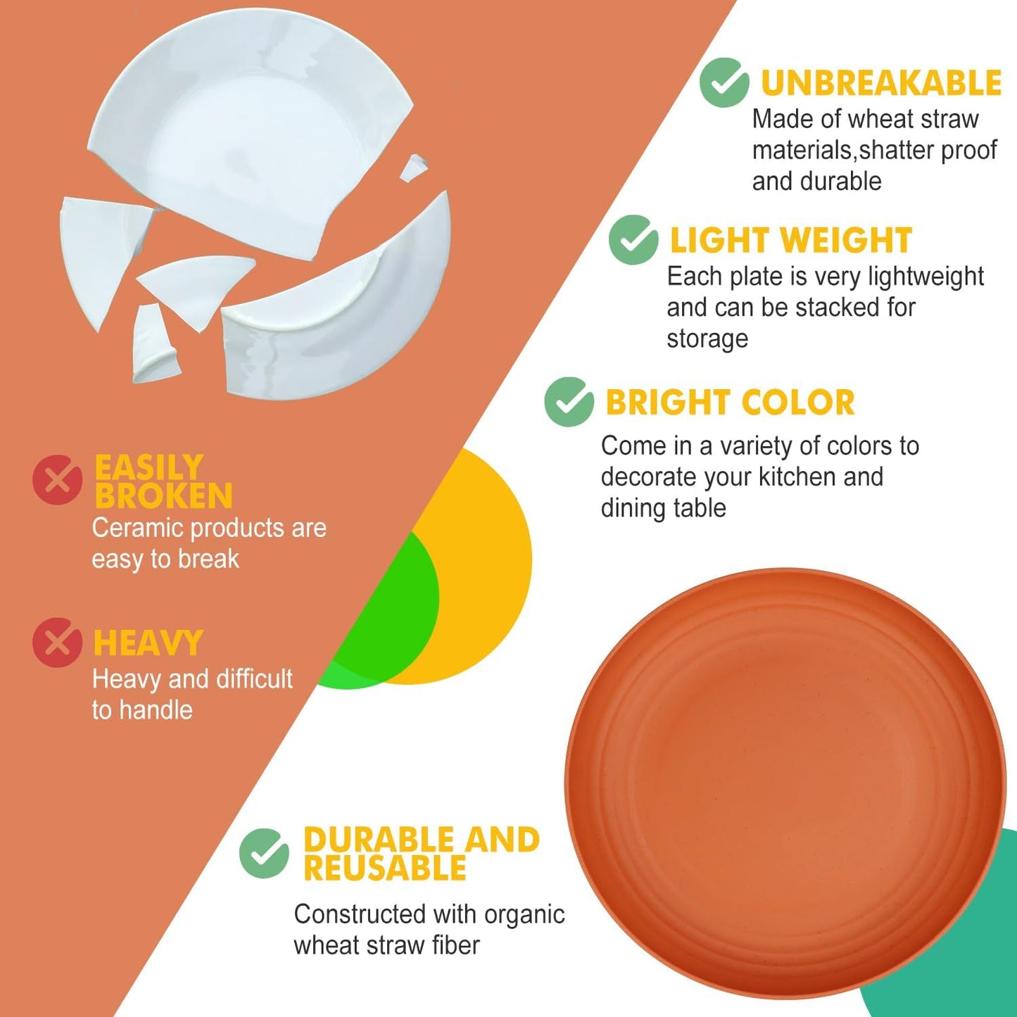 Set of 8 Deep Wheat Straw Dinner Plates - Unbreakable, Microwave and Dishwasher Safe, 9 Inch, Available in 4 Classic Bright Colors