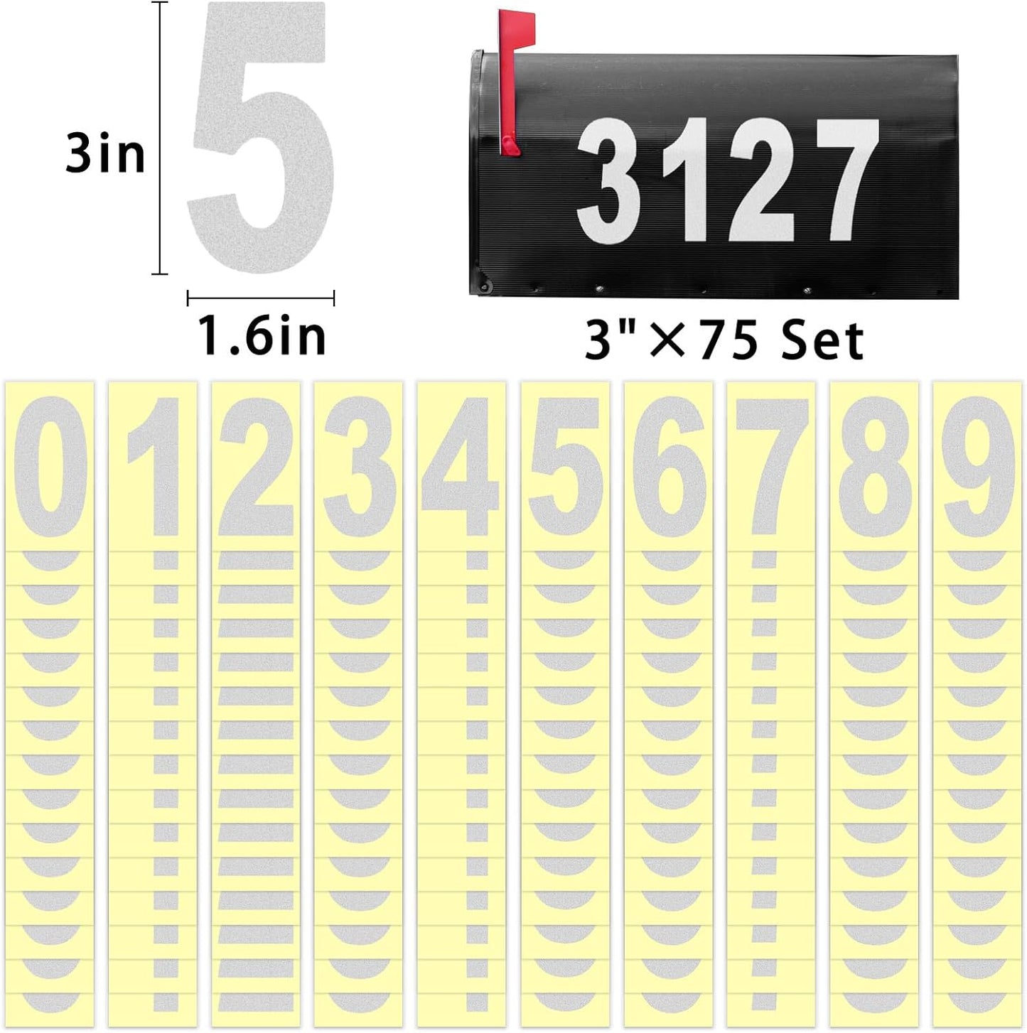3 Inch Reflective Mailbox Numbers Sticker (0-9, 5 Sets) for Outside, Strong Self Adhesive Vinyl House Numbers for Mailbox, Signs, Door, Cars, Trucks, Home, Business, Address Number