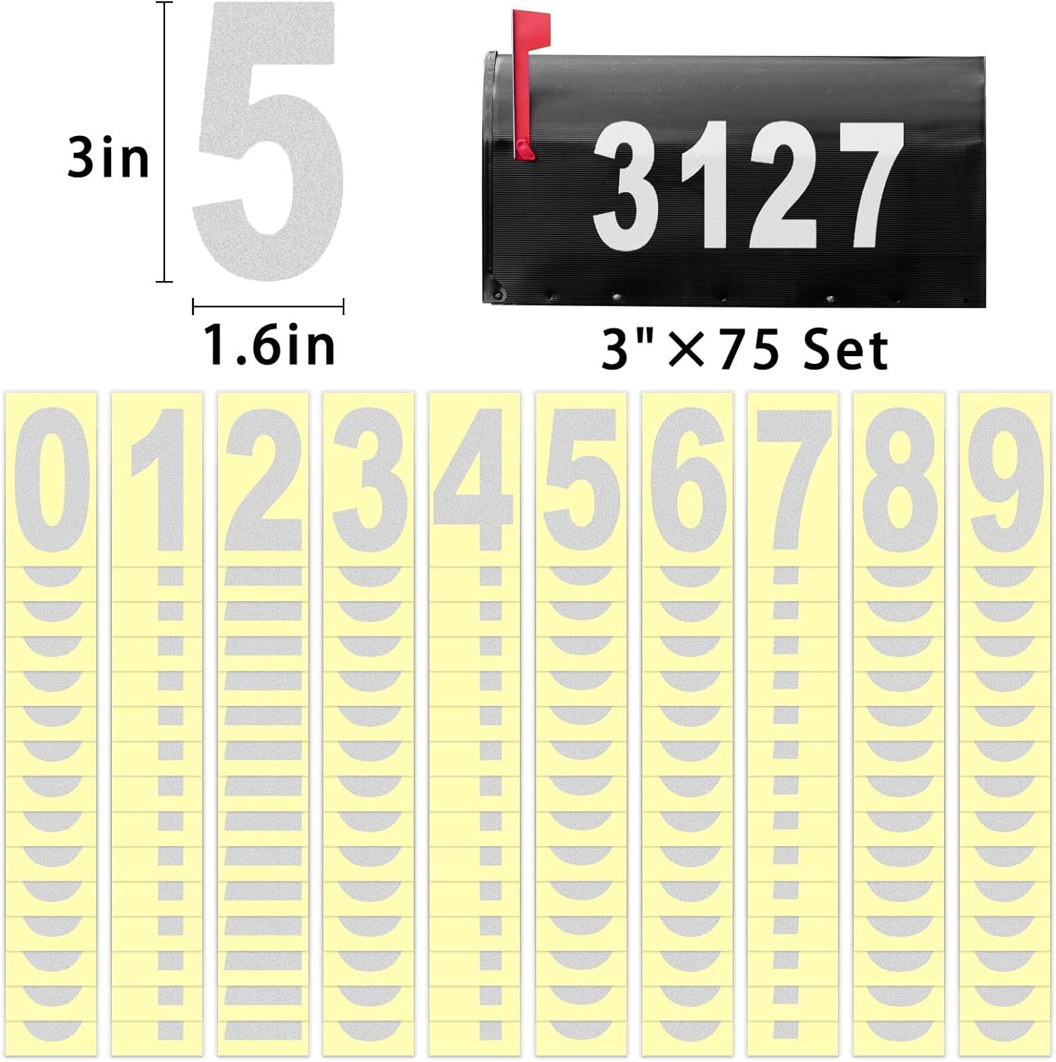 3 Inch Reflective Mailbox Numbers Sticker (0-9, 5 Sets) for Outside, Strong Self Adhesive Vinyl House Numbers for Mailbox, Signs, Door, Cars, Trucks, Home, Business, Address Number