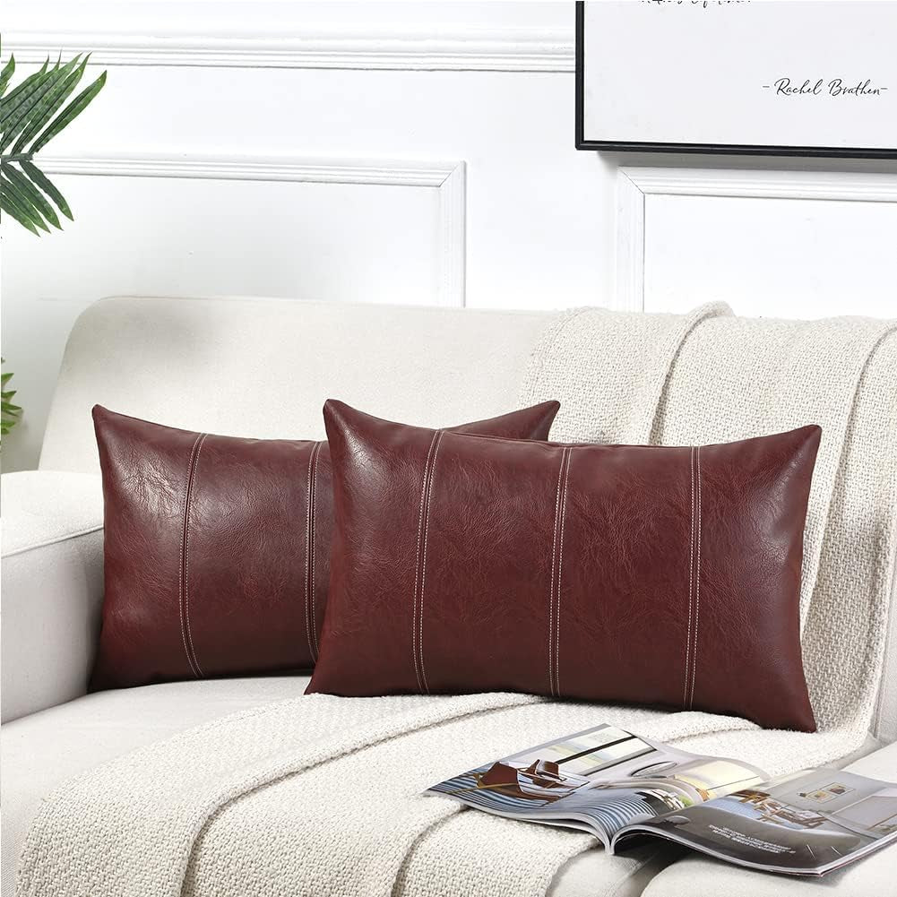 Burgundy Lumbar Waterproof Faux Leather Decorative Throw Pillow Covers 12X20 Inch for Living Room Couch Bed, Modern Farmhouse Boho Home Decor, Wine Red Hand Stitched Cushion Case 30X50 Cm