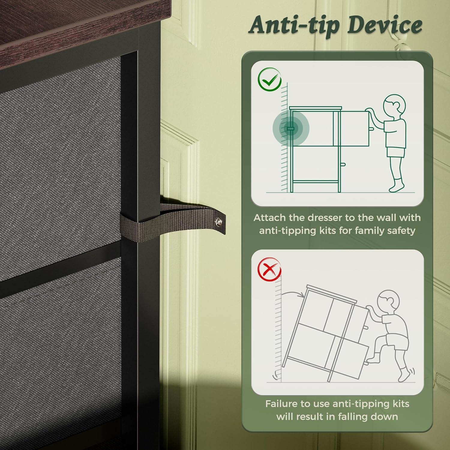 7-Drawer Fabric Dresser and TV Stand, 47-Inch Wide Chest for 43-55 Inch TVs, Metal Frame, Dark Grey, Ideal for Bedroom and Clothing Storage