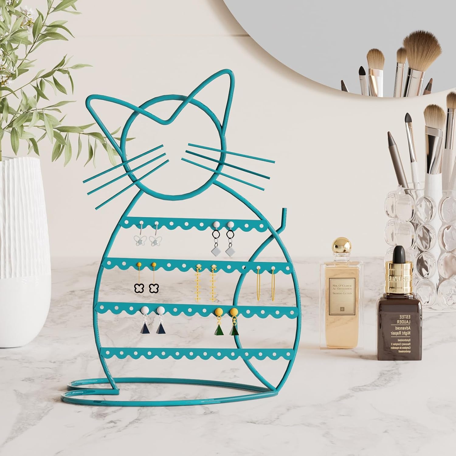 Jewelry Organizer Stand Cat Shaped Earring Holder Organizer Metal 48 Stud Earring Holes Jewelry Holder, Metal Jewelry Display Vanity Organizer for Girls - Blue