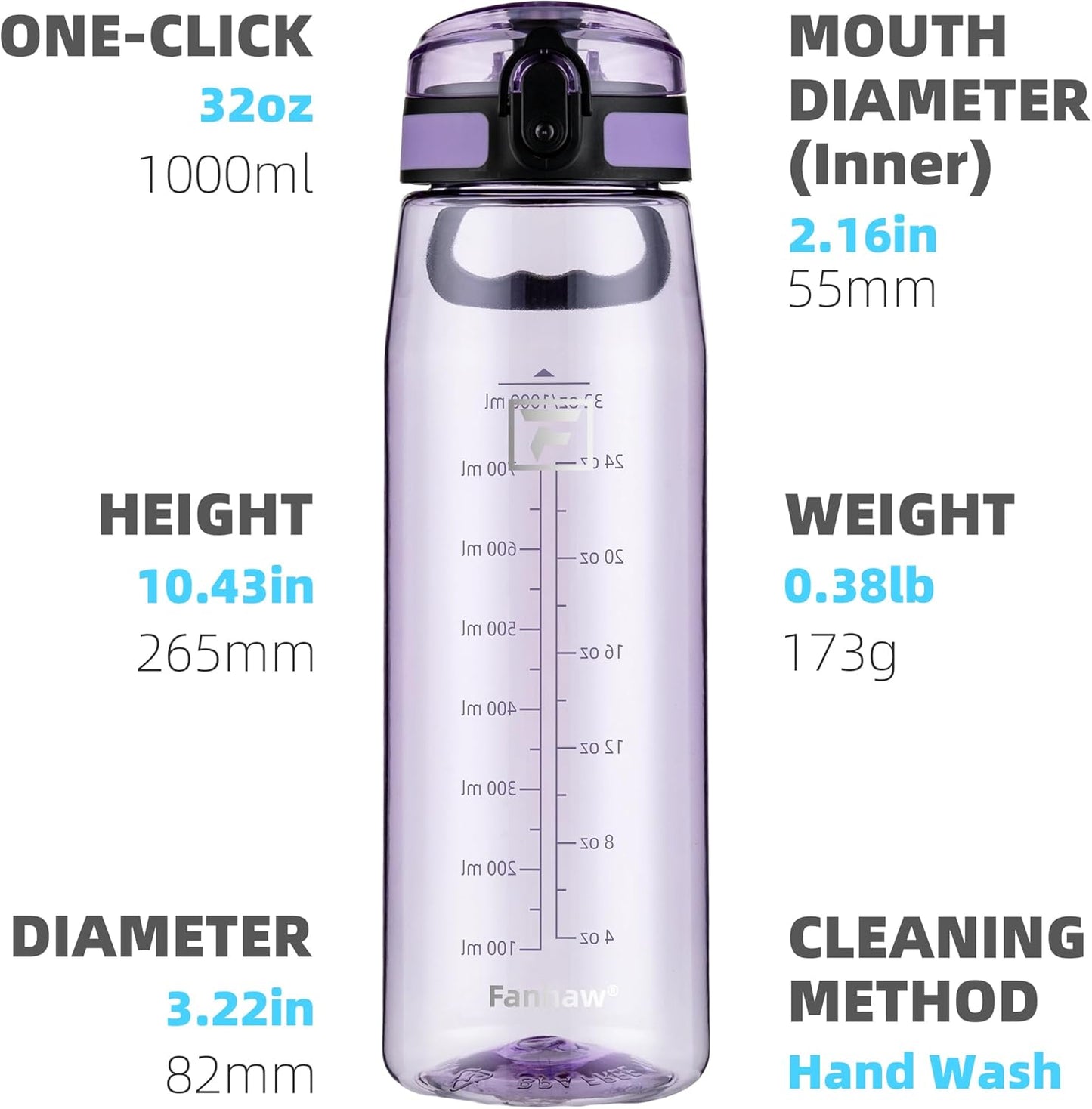 32 Oz Tritan Water Bottle with Chug Lid - Clear, Bpa-Free, Lightweight, Wide Mouth, Leak-Proof, Perfect for Gym, Travel, School, Office, and Sports (Amethyst)