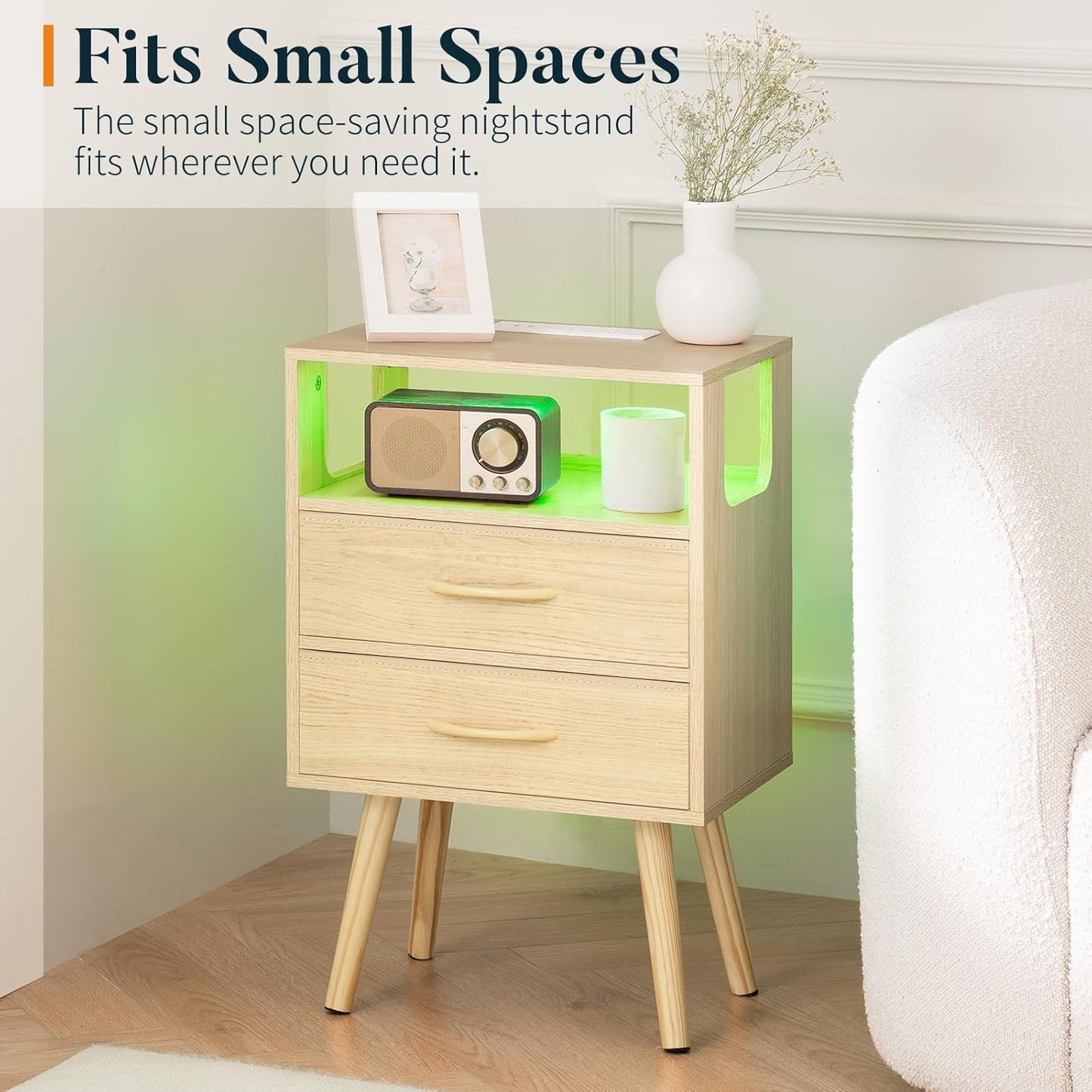 LED Night Stand with Charger Station, Mid Century Modern Nightstand with Fabric Drawers, Bedside Table Nightstands with Storage Shelf, Bed Side Table Small Night Stands for Bedroom Living Room