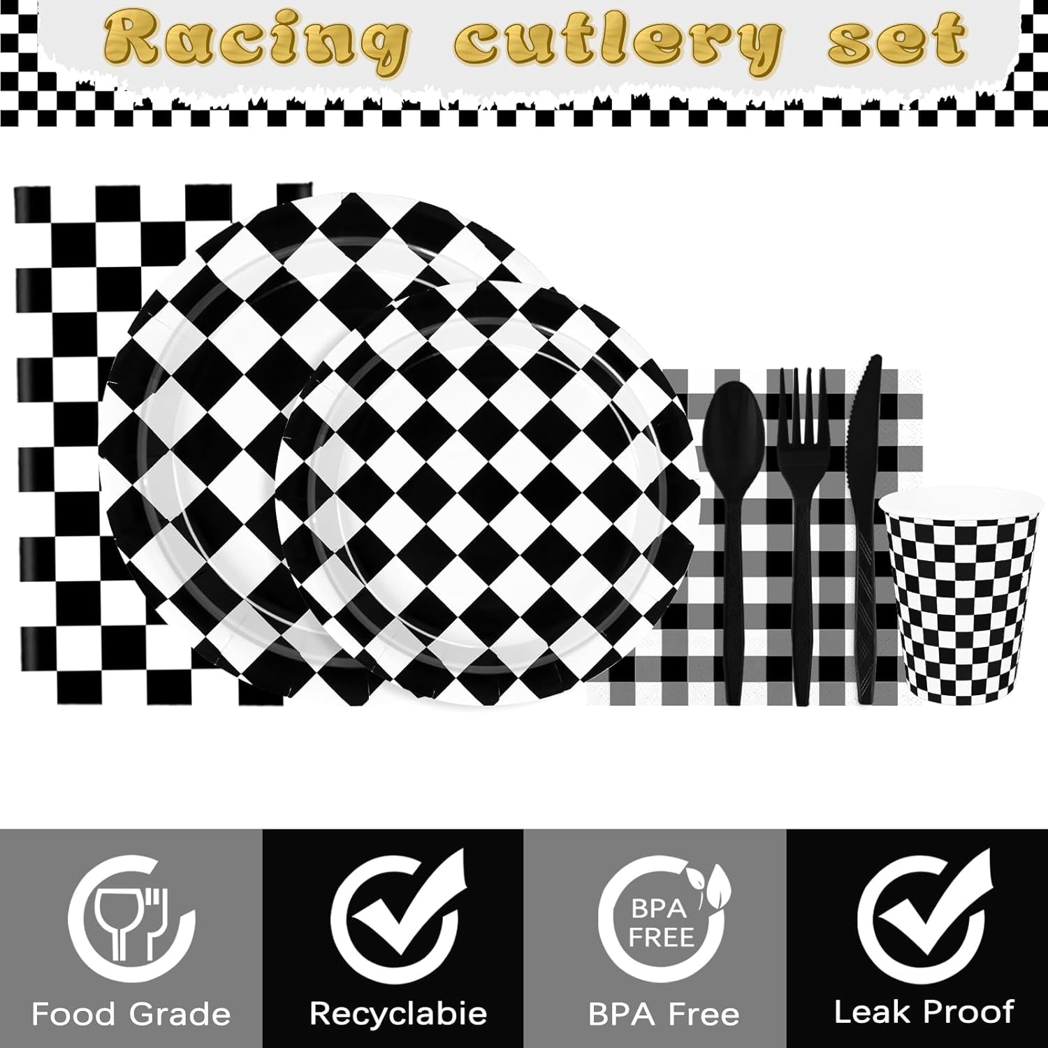 176 PCS Race Car Birthday Party Decorations Black and White Gingham Plates and Napkins, Cups Plastic Spoons Forks Knives, Cutlery for Cars Birthday Decorations, Serves 25