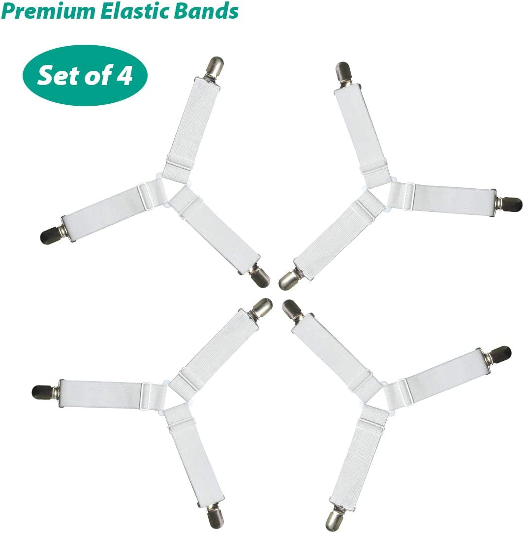 Bed Sheet Fasteners, Adjustable Mattress Suspenders, Mattress Cover Straps, Bed Corner Holder and Keepers and the Bed Sheet Grippers Clips (Triangle White Set of 4)