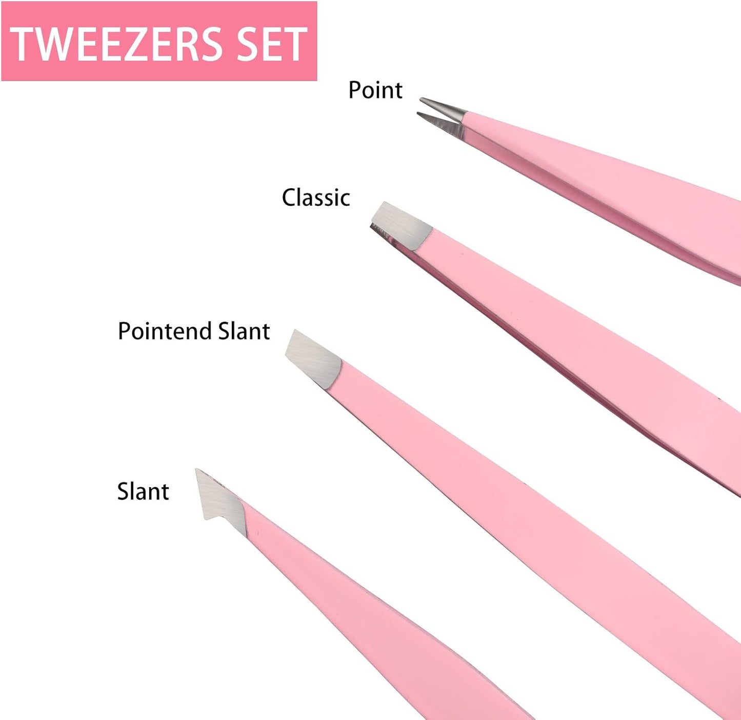 Tweezers Set 4-Piece, Professional Stainless Steel Tweezers, Precision Tweezers for Eyebrows, Facial Hair, Ingrown Hair, Splinter, Blackhead Remover (PINK)…