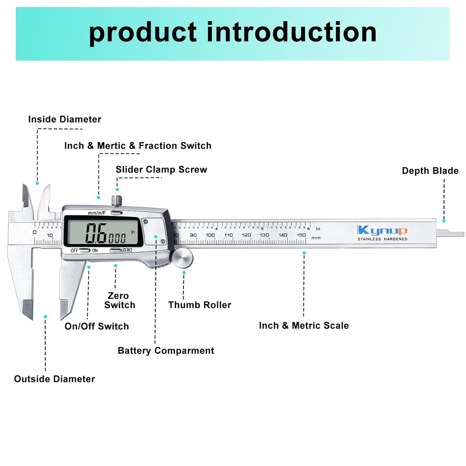 Digital Caliper, Caliper Measuring Tool, Micrometer Dial Vernier Caliper Digital, Full Turn Off, Stainless Steel, Switch from Inch Metric Fraction (6Inch/150Mm)