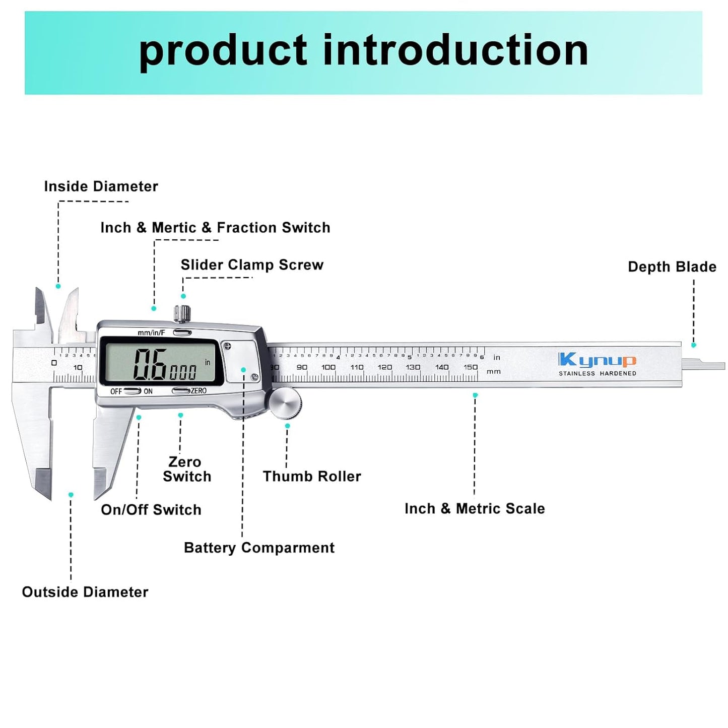 Digital Caliper, Caliper Measuring Tool, Micrometer Dial Vernier Caliper Digital, Full Turn Off, Stainless Steel, Switch from Inch Metric Fraction (6Inch/150Mm)