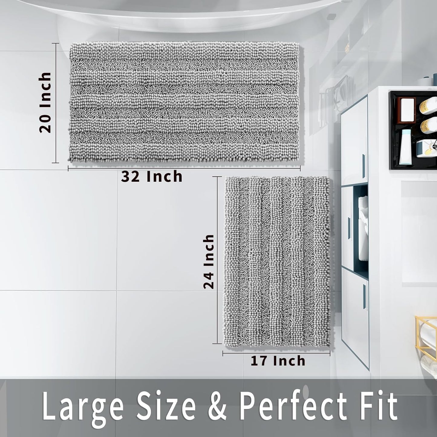 Washable Bathroom Rugs Sets 2 Piece, Non Slip Quick Dry Absorbent Bath Mat Set, Plush Chenille Luxury Shower Rugs for Bathroom Floor Sink Tub and Shower Outside(Gray, 20" X 32"+17" X 24")