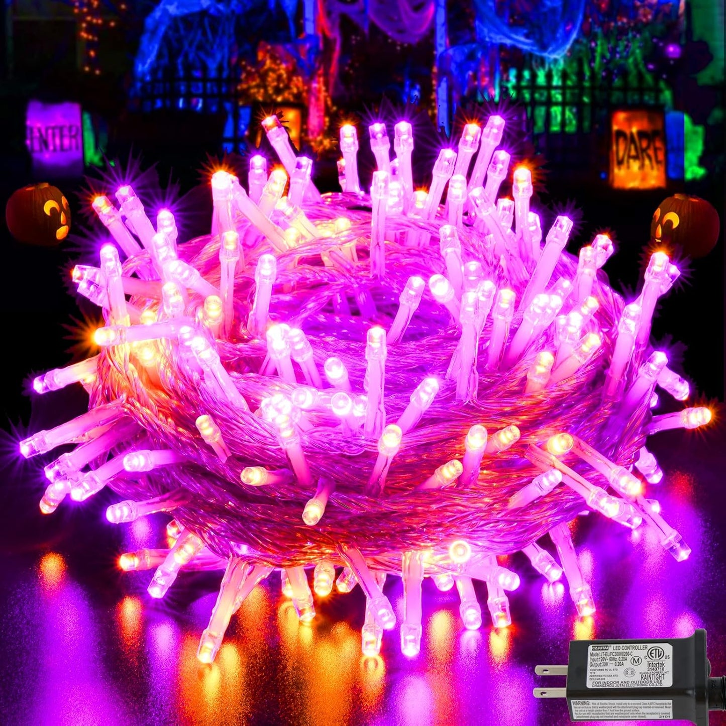 Halloween Lights, 66 Ft 200 LED Indoor Outdoor Halloween String Lights Plug In, Connectable 8 Modes Clear Wire Twinkle Fairy String Lights for Xmas Tree Decoration Clear Wire, Orange and Purple