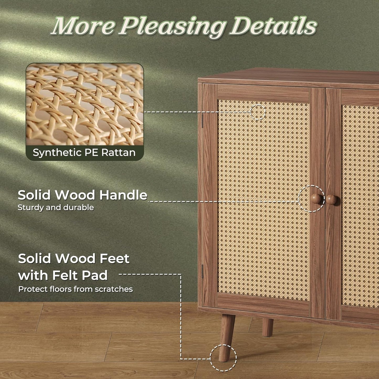 Walnut Buffet Cabinet with Synthetic Rattan Door Accents and Solid Wood Legs for Hallway, Entryway, and Living Room Storage