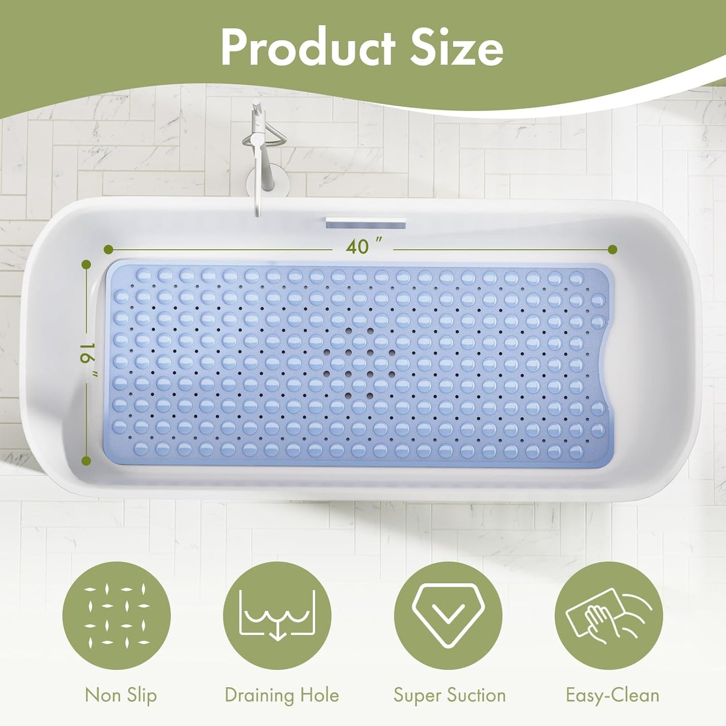 Shower Mat Non Slip 40 X 16 Inches, Shower Stall Mats with Suction Cups and Drain Holes, Non Slip Bath Mat for Tub for Elderly & Kids, Baby Blue