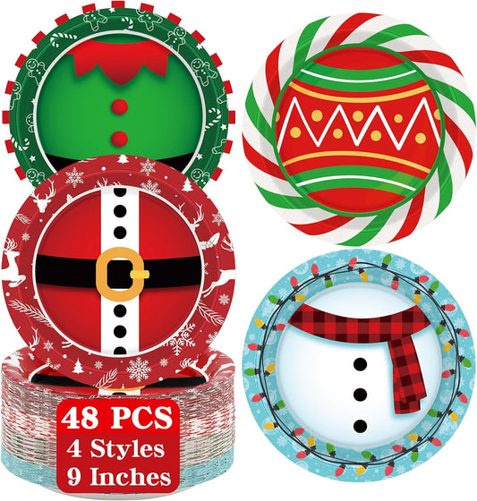 48 PCS Christmas Paper Plates, 9 Inches Christmas Plates Disposable Party Set, round Snowman Santa Elf Belt Pattern Xmas Dinner Plates for Xmas Decorations Party Supplies