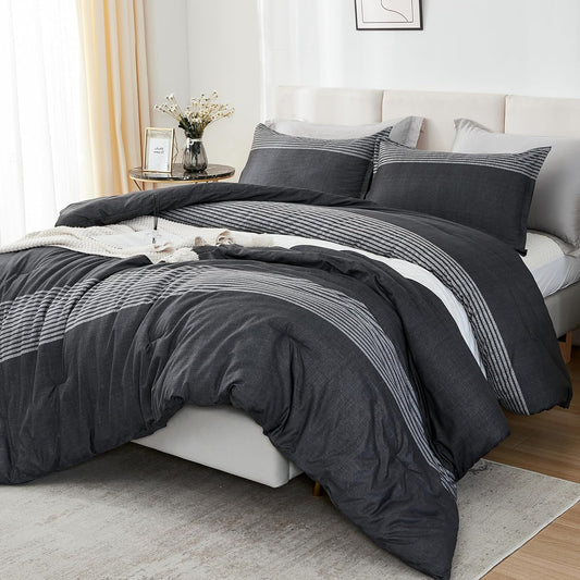 Full Size Comforter Sets Black White Grey - 3 Pieces Lightweight Bedding Set, All Season down Alternative Comforter (1 Comforter, 2 Pillowcases)
