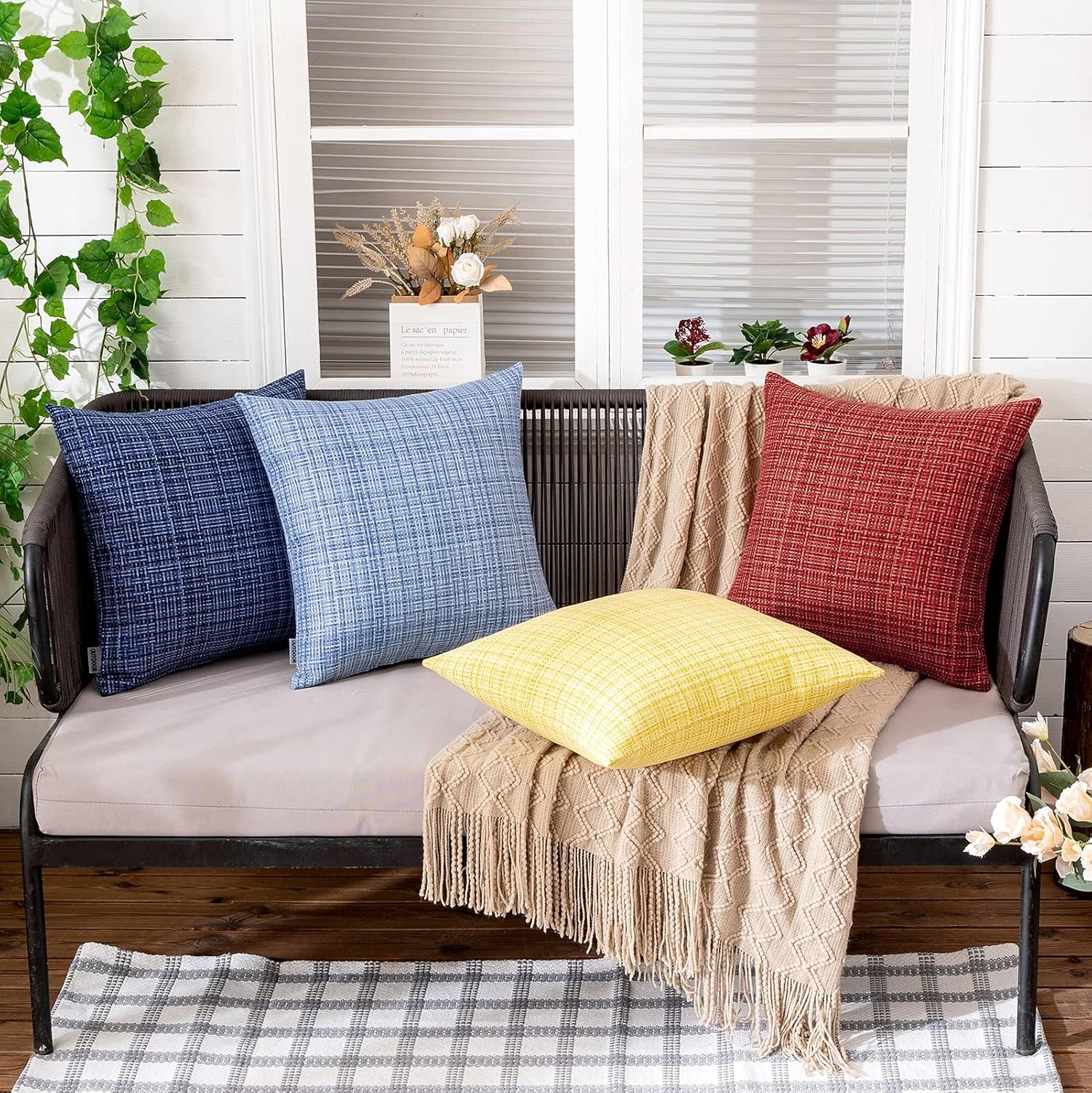 Outdoor Waterproof Throw Pillow Covers Decorative Farmhouse Water Resistant Cushion Covers for Tent Patio Garden Couch Sofa Pack of 2, 18X18 Inch Navy Blue