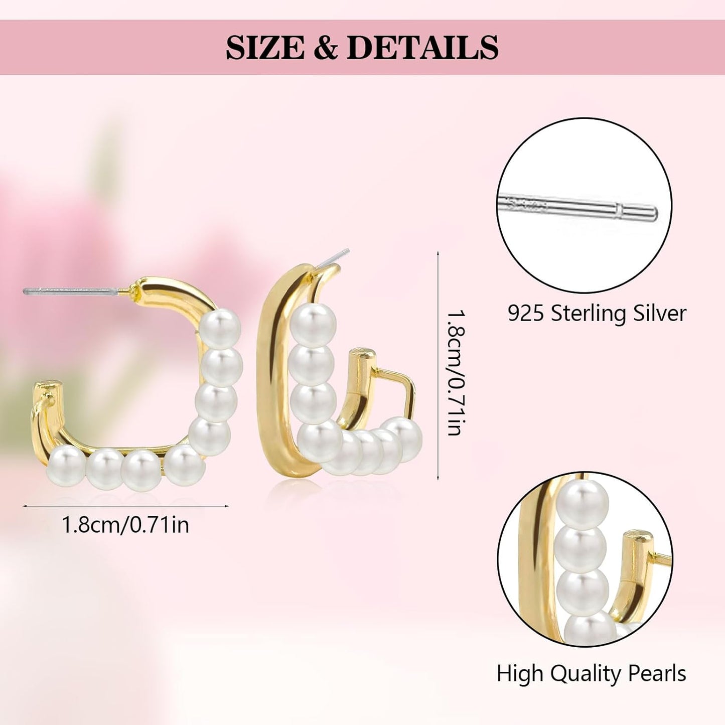 Pearl Hoop Stud Earrings for Women, 14K Gold Square Double Hoop Earrings Dainty Lightweight Studs Jewelry Graduation Birthday Gift for Girls Trendy Earring