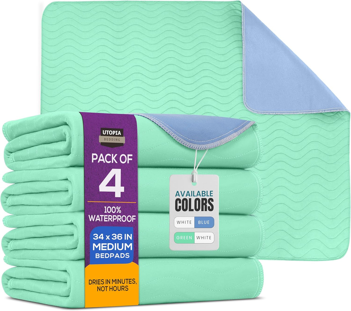 Washable Pee Pads for Dogs 34" X 36" (Pack of 4), Waterproof Incontinence Bed Pads for Adults, Elderly and Kids, Heavy Absorbency Pet Training Pads for Sofa and Couch (Green, Blue)