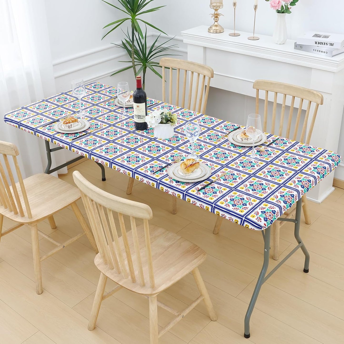 Rectangle Vinyl Tablecloth, Fitted Table Cover, 100% Waterproof, Elastic Edge, Flannel Backing, Table Cloth Fit 4 Foot Folding Tables for Picnic, Outdoor (Geometric Flower, 30X48 Inch)