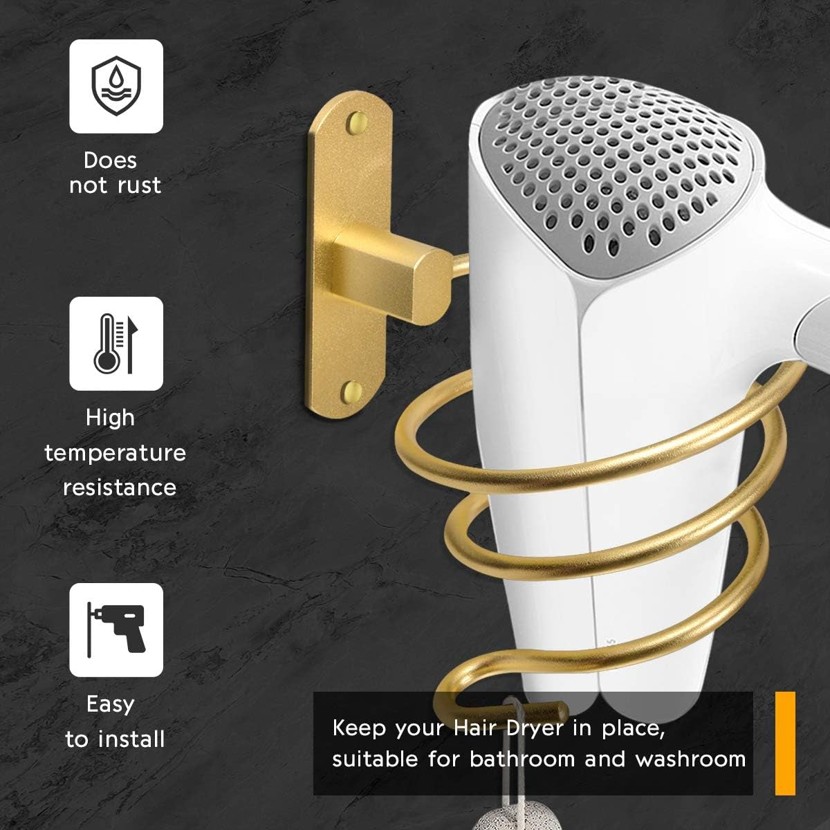 Wall-Mounted Gold Hair Dryer Holder for Bathroom Hair Care Tools