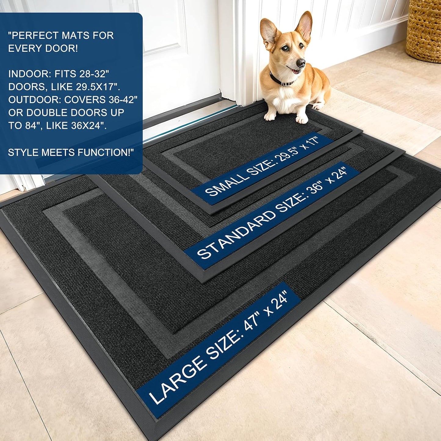 Door Mat 2 Piece Set, Front Door Mat Indoor Outdoor Entrance Size 29.5X17 in Black and Geometric Door Mat Size 32X20 in Black