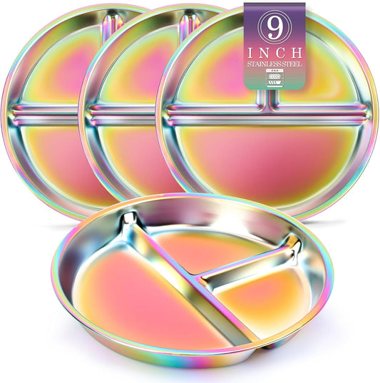 Stainless Steel Kids Plates 4 Packs, Deepened 9" Portion Control Plate Divided Plate for Toddlers Bigger Appetite, Non Toxic Unbreakable Metal Lunch Dishes, Colorful