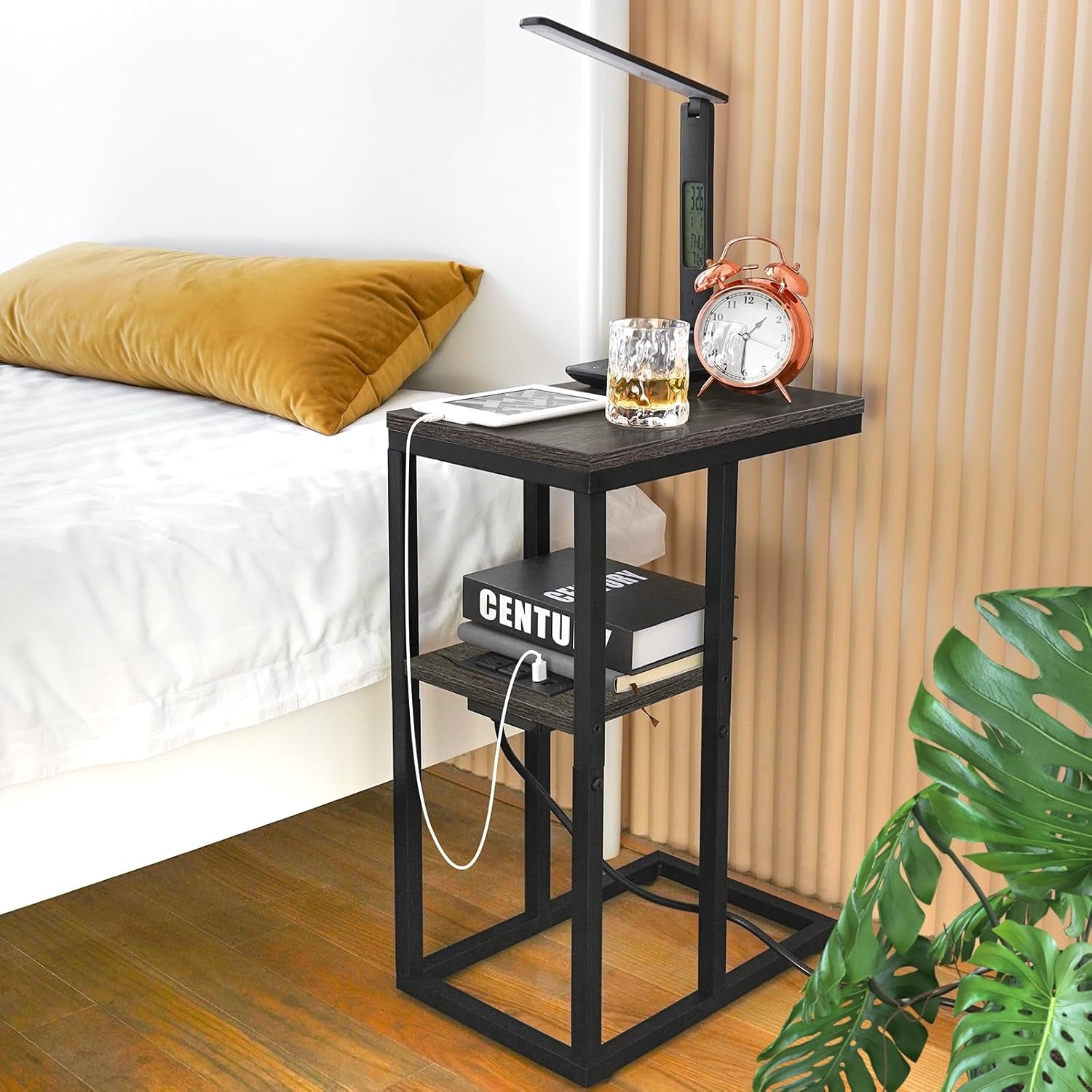 C Shaped End Table with Charging Station for Living Room, Bedroom, Sofa Table with USB Ports and Outlets for Small Spaces, C Couch Rustic Snack Bed Table, Charcoal Gray