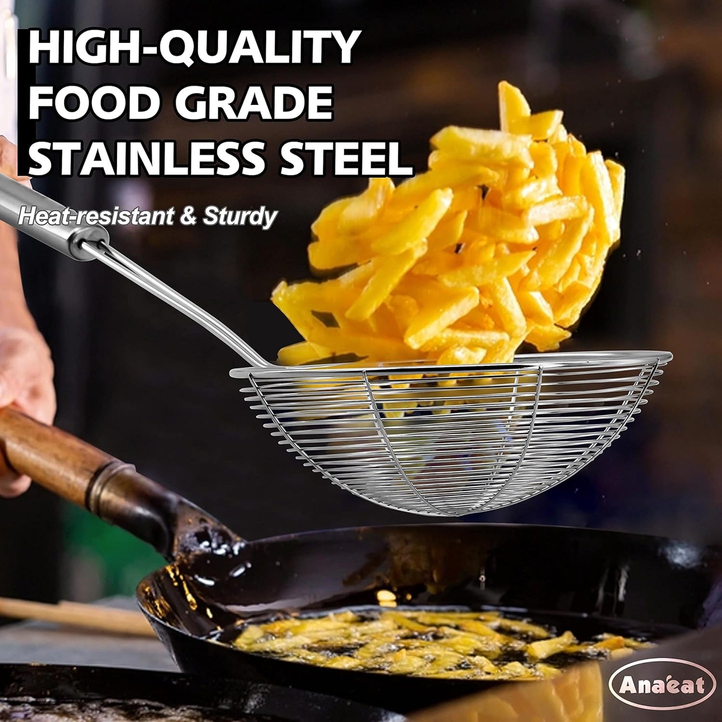 Stainless Steel Spider Skimmer, Set of 3 Professional Kitchen Pasta Strainer Spoon with Long Handle - Asian Strainer Ladle Wire Skimmer Spoons for Cooking and Frying (4.5"+5.3"+6.1")