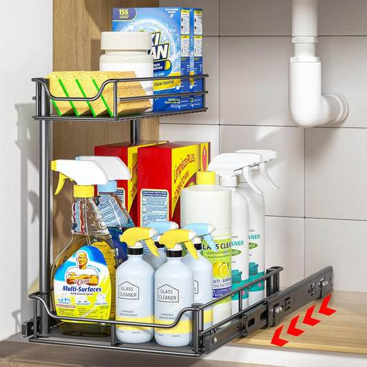 under Sink Organizer, Pull Out Cabinet Organizer with Upgraded Slides, Slide Out Sink Shelf Cabinet Storage Shelves, Storages for Kitchen Bathroom