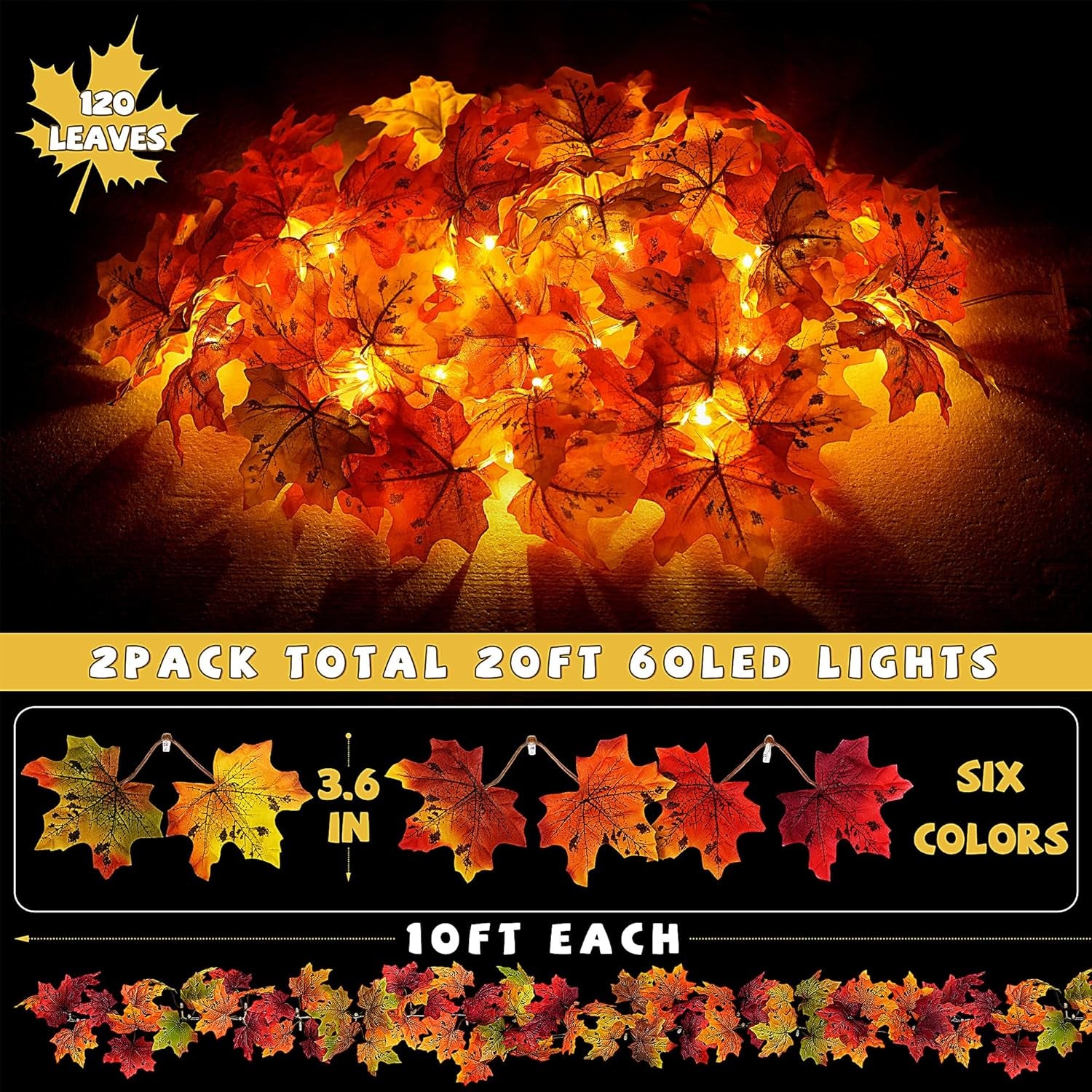 2 Pack Fall Garland with Lights for Fall Decor, Total 20FT 60 LED Battery Operated Autumn Lighted Fall Garland, Fall Lights Decorations for Home Thanksgiving Halloween Indoor Outdoors