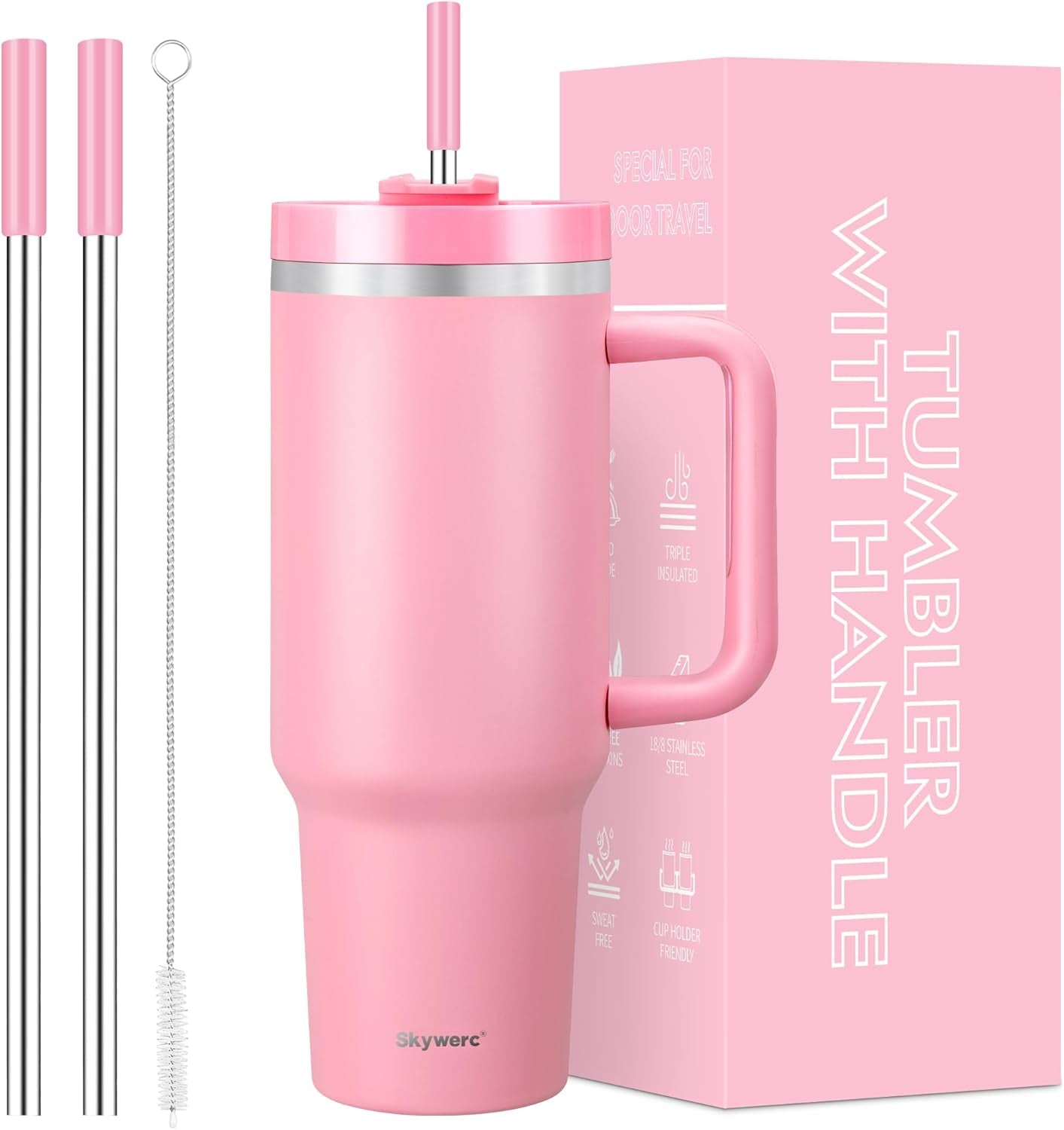 40 Oz Tumbler with Handle and Straw, 2 in 1 Lid, Vacuum Insulated Stainless Steel Double Wall Water Bottle Travel Mug - Holiday Gifts for Women Men - Pink