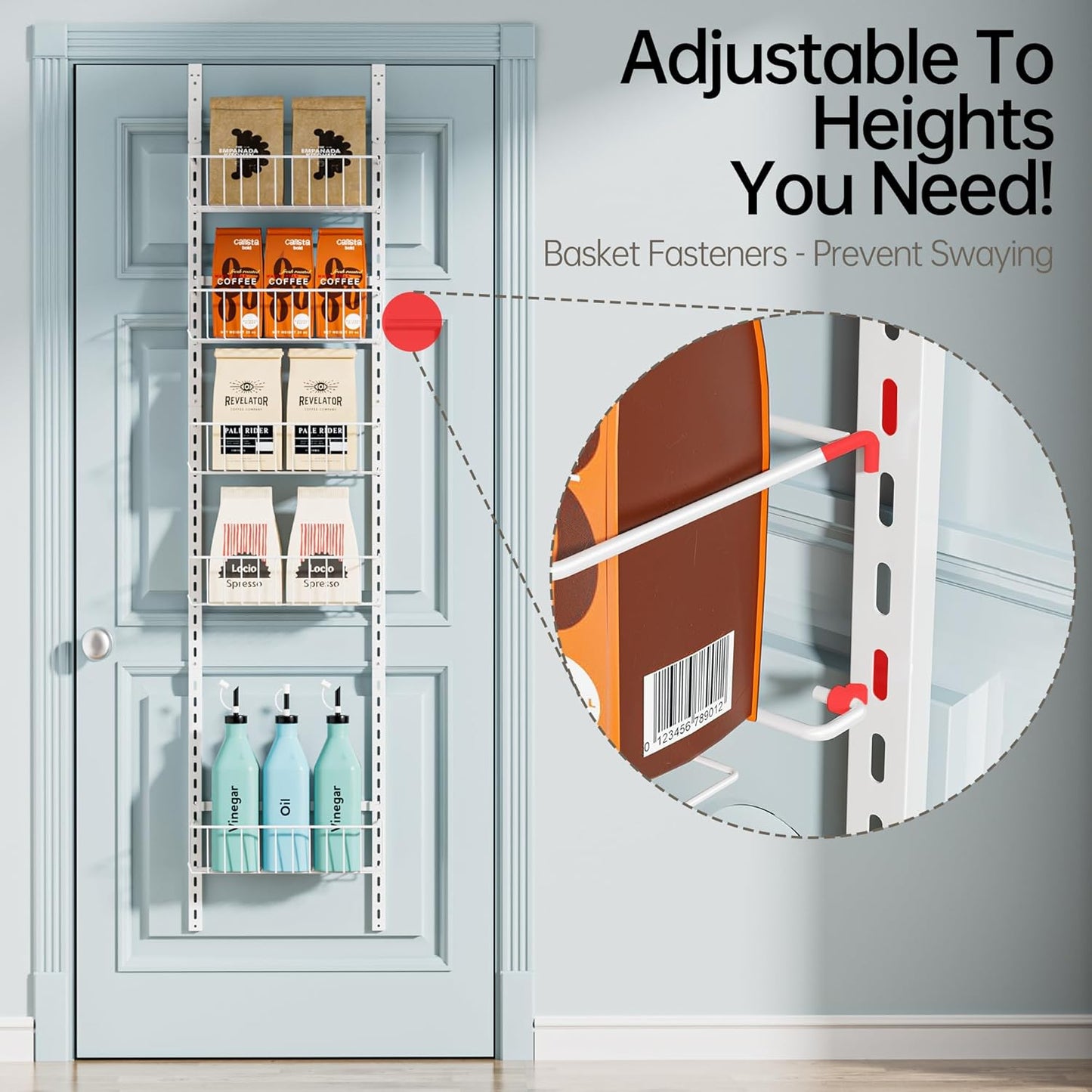 Pantry Door Organizer, Adjustable Metal over the Door Pantry Organizer Rack, 6-Tier over the Door Spice Rack, Kitchen Pantry Door Organizers and Storage, D5 W12 H52.1 Inch, White, Small