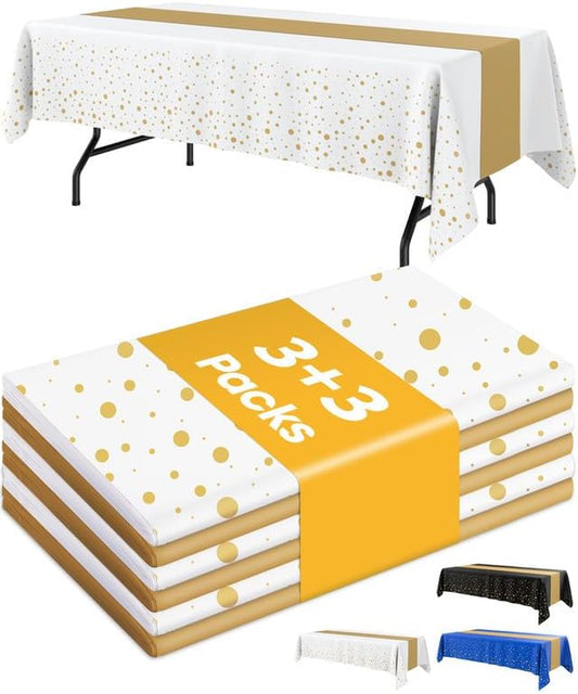 Graduation Decorations Table Cloth for Rectangle Table and Table Runner Set - 3+3 Pack, Plastic Table Cloth Disposable, White and Gold Tablecloth for Birthday, Wedding, Baby Shower, Christmas