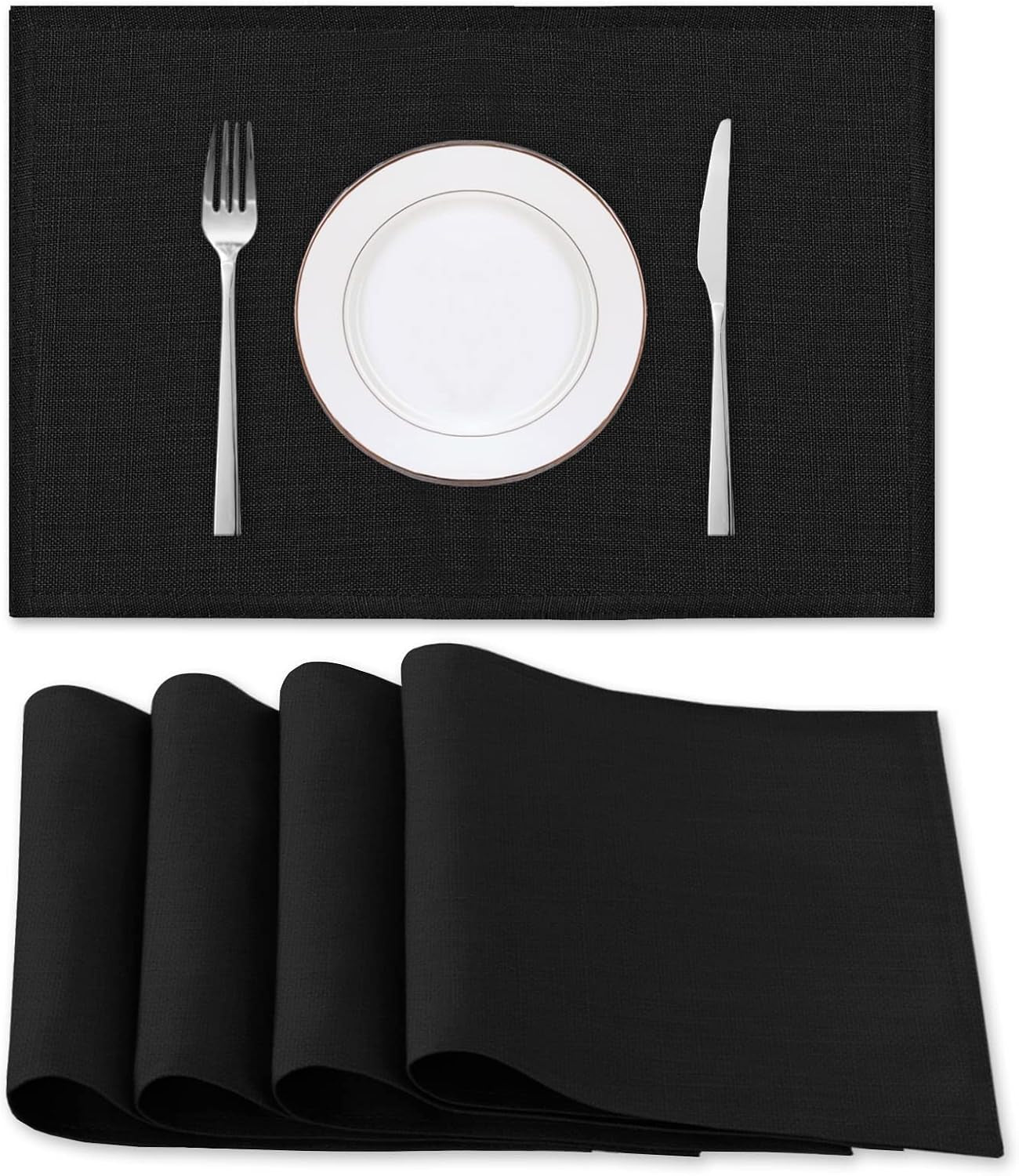 Linen Placemats Set of 4 Premium Solid Table Placemats for Dining Table Spill-Proof Waterproof Table Mats Heat-Resistant Kitchen Table Mats Washable, 12X18 Inches, Black