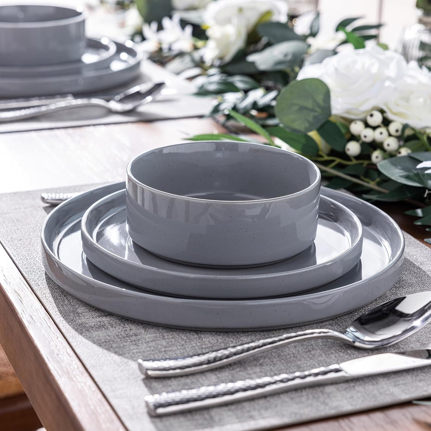 12-Piece Speckled Dinnerware Set for 4, Chip and Scratch Resistant Stoneware Plates and Bowls with Glazed Bottom, Dishwasher and Microwave Safe (Limestone)