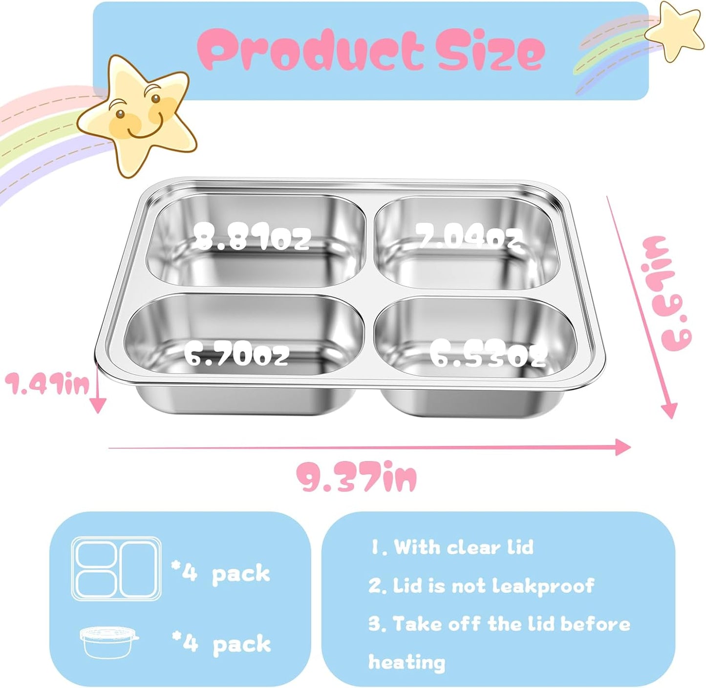 Stainless Steel Divided Plate for Kids Toddler, Non Toxic Portion Control Plate Dinner Plate with Lid for Adults Weight Loss, 4 Pack 4 Sections Rectangular Snack Plate Tray