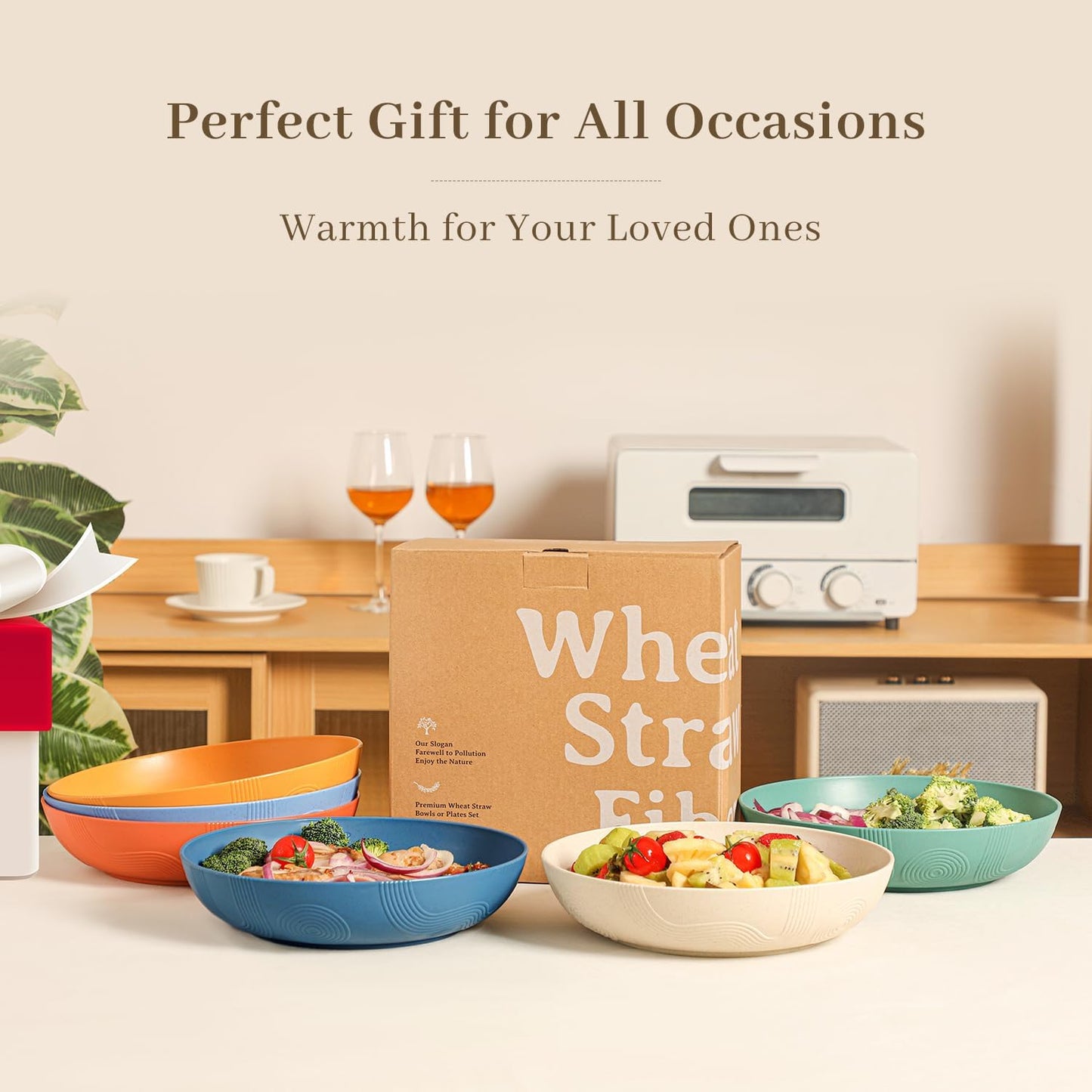 Wheat Straw 10-Inch Large Salad Bowls - Set of 6, Wide and Shallow, Microwave and Dishwasher Safe, Assorted Colors