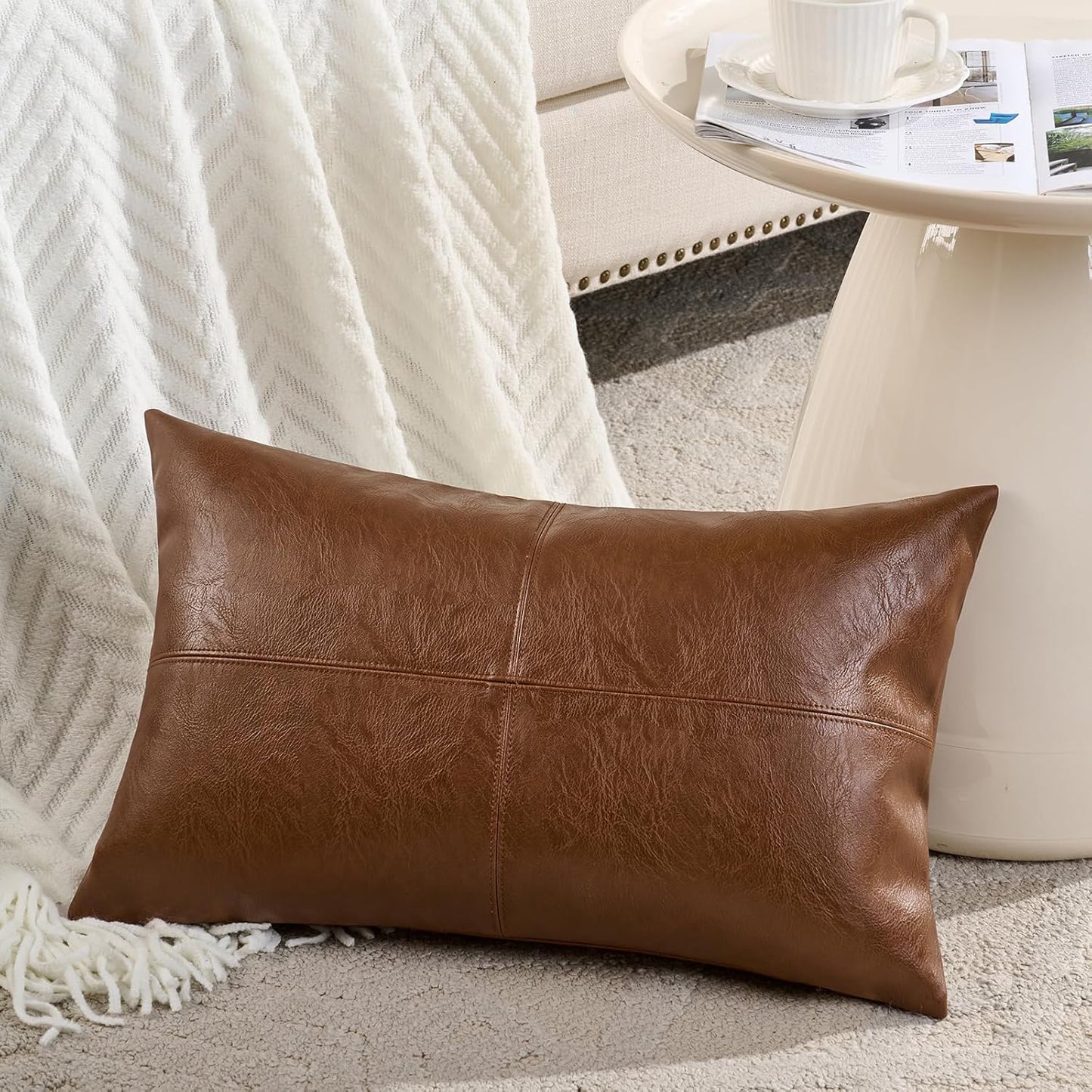 2 Packs Brown Boho Lumbar Faux Leather Decorative Throw Pillow Covers 12X20 Inch for Couch Bed Sofa, Cross Patchwork Textured Rectangle Cushion Case, Rustic Western Farmhouse Home Decor