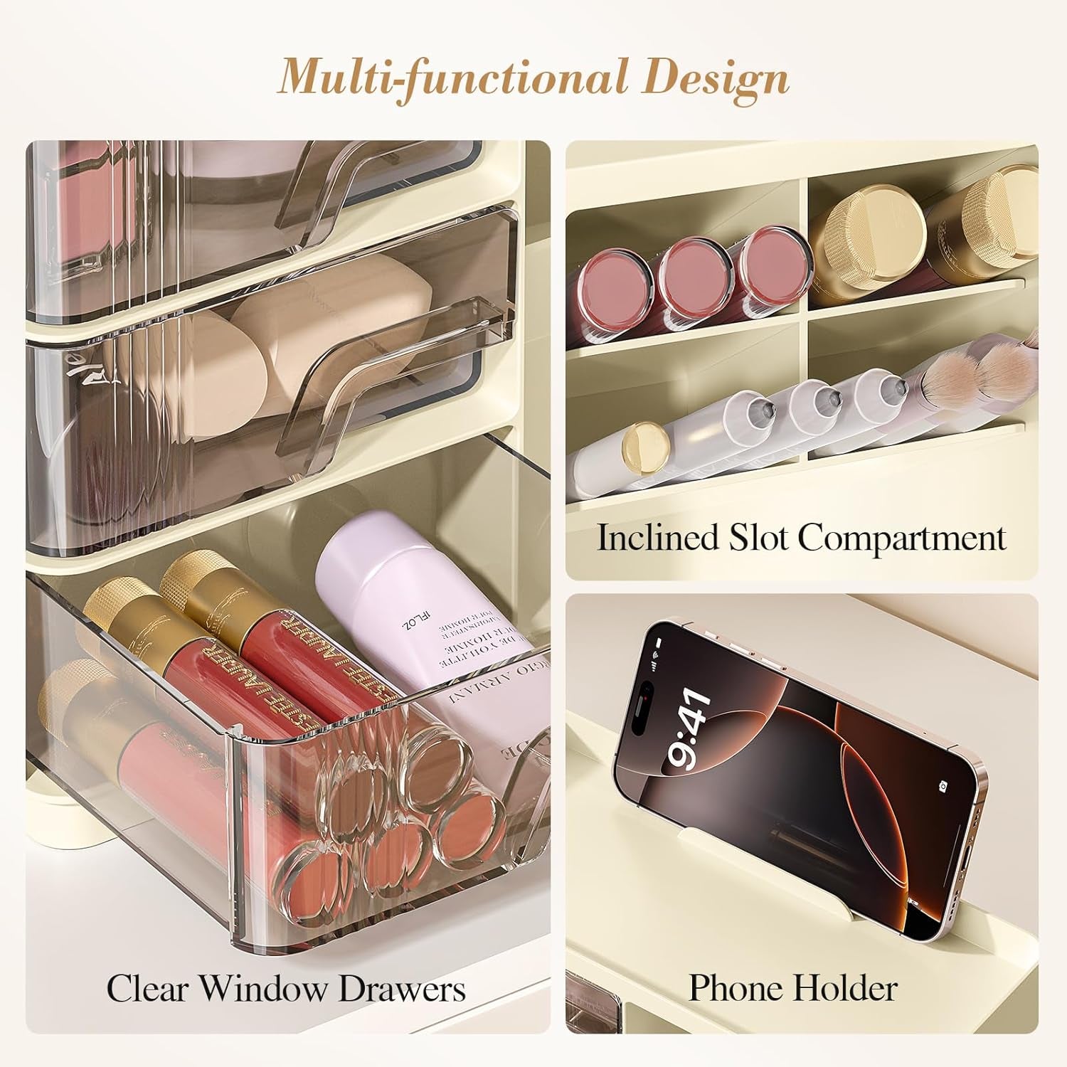 Makeup Organizer with Drawers, Multi-Function Vanity Organizer Countertop, Stackable Desk Organizer for Makeup Brush Lipstick Skincare Bathroom Vanity Organization and Storage, Ivory