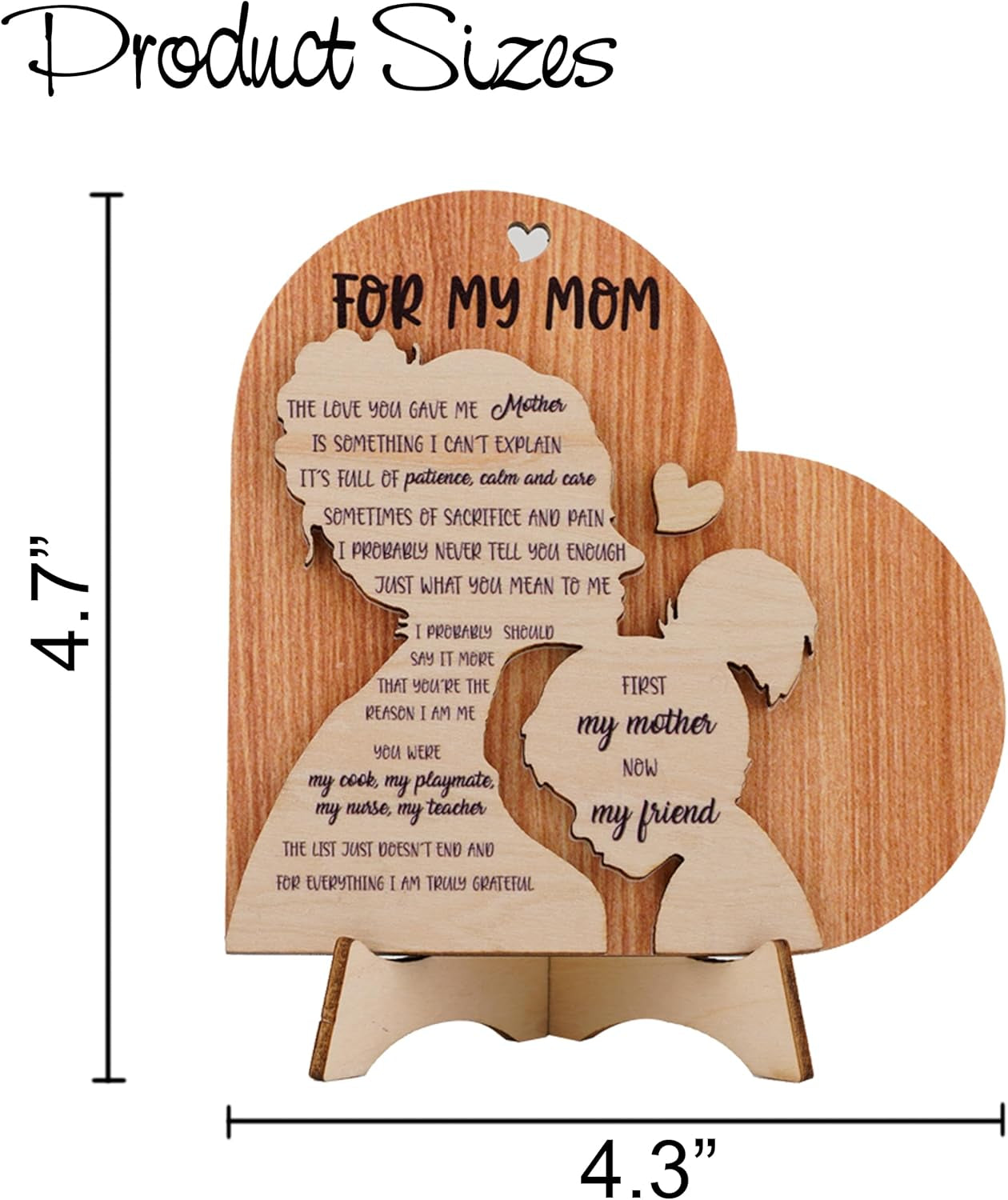 4.7'' for My Mom Gifts from Daughter, Mothers Day Wooden Gifts from Daughter, Christmas Birthday Gift Ideas, Best Mom Ever Gift, First My Mother Now My Friend Wooden Heart