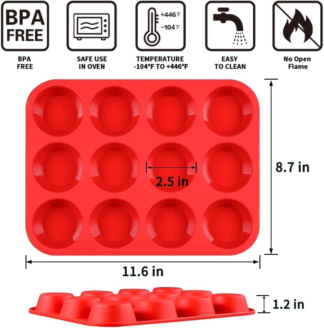 Silicone Muffin Pan, 12-Cup Cupcake Pan for Baking Muffin, Cake, Fat Bomb, 2-Pack Nonstick