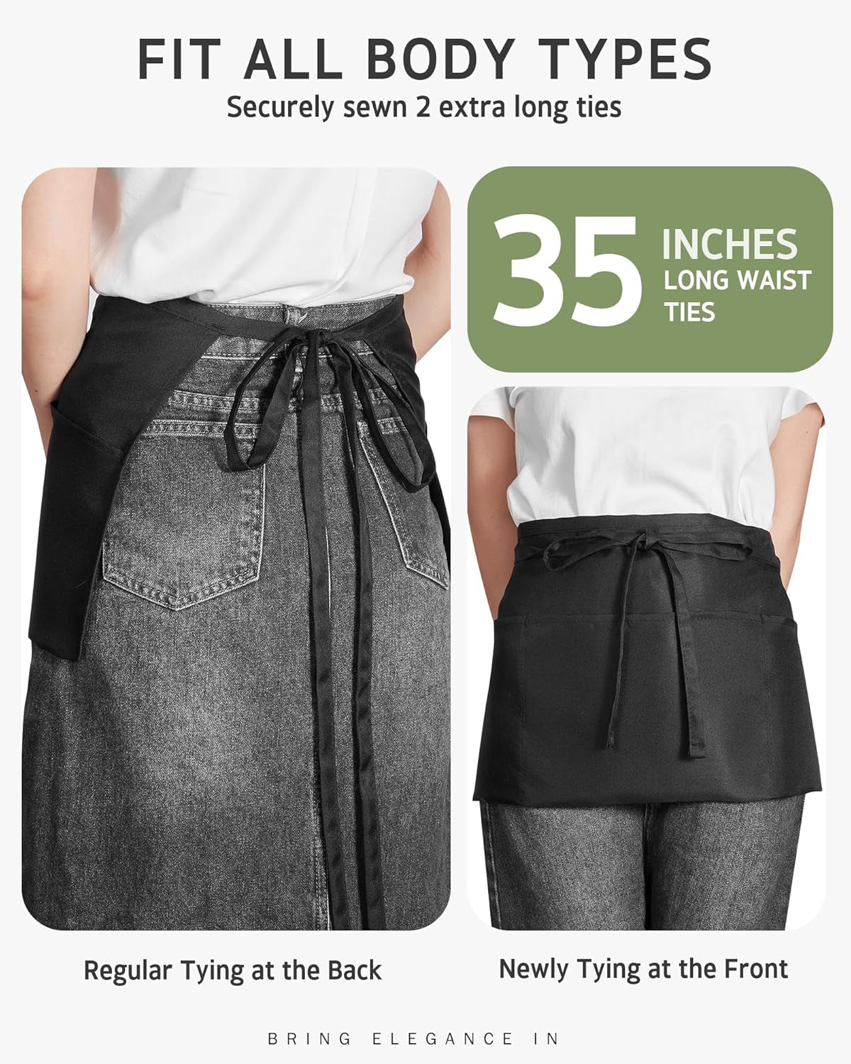 12 Pack Server Aprons with 3 Pockets, Water Resistant Waitress Waist Apron for Women Men, Server Apron with Large Pockets for Waitress Book, Phone & Cutleries, 11.5-Inch Black