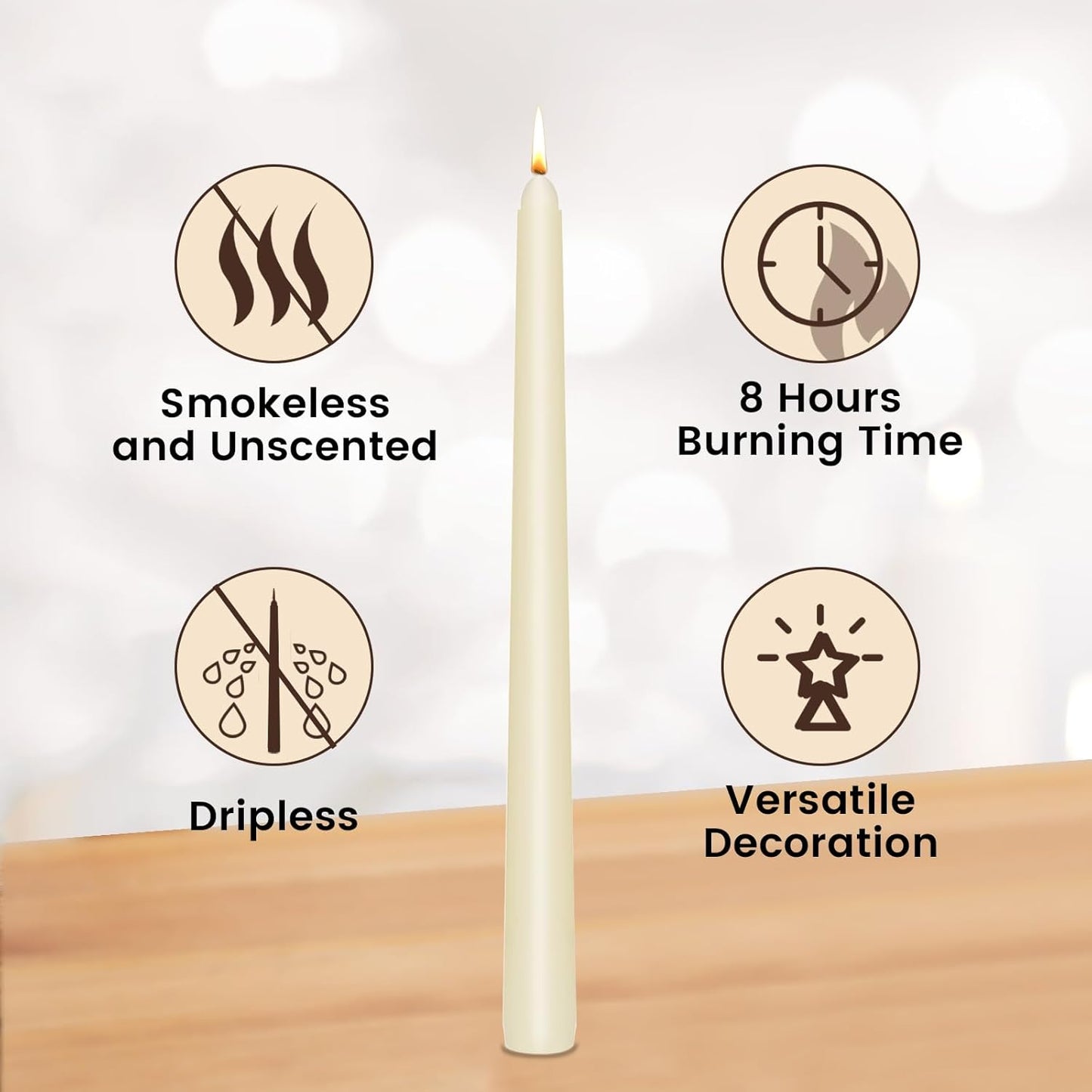 Ivory Taper Candles 10 Inch - Set of 6 Long Candles, 8 Hours Long Burning, Smokeless & Unscented & Dripless, for Weddings, Birthdays, Dinner Parties, Rituals, Prayer, Birthdays, Meditation