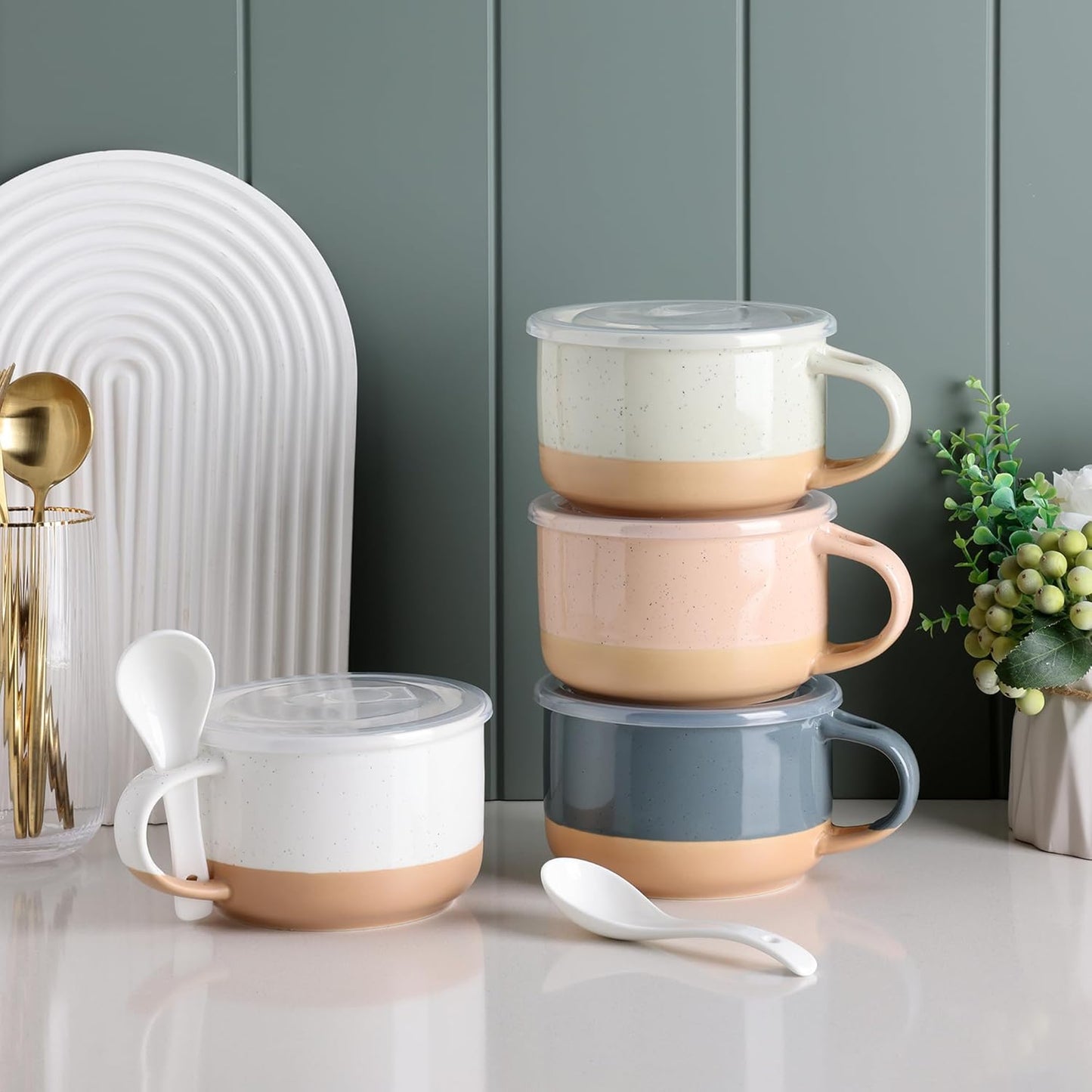 Ceramic Soup Mugs Set of 4 with Handles and Lids, 24 OZ Capacity, Terracotta Underside, Includes Spoons for Soup, Cereal, Salad, Noodles, and Ramen, Microwave and Dishwasher Safe - Colorful Design