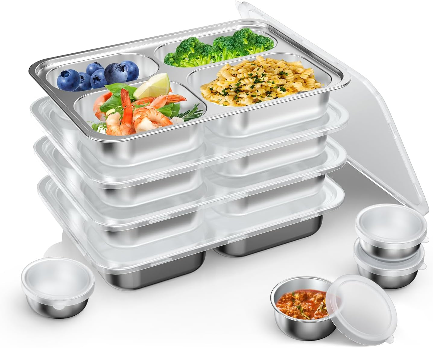 Stainless Steel Divided Plate for Kids Toddler, Non Toxic Portion Control Plate Dinner Plate with Lid for Adults Weight Loss, 4 Pack 4 Sections Rectangular Snack Plate Tray